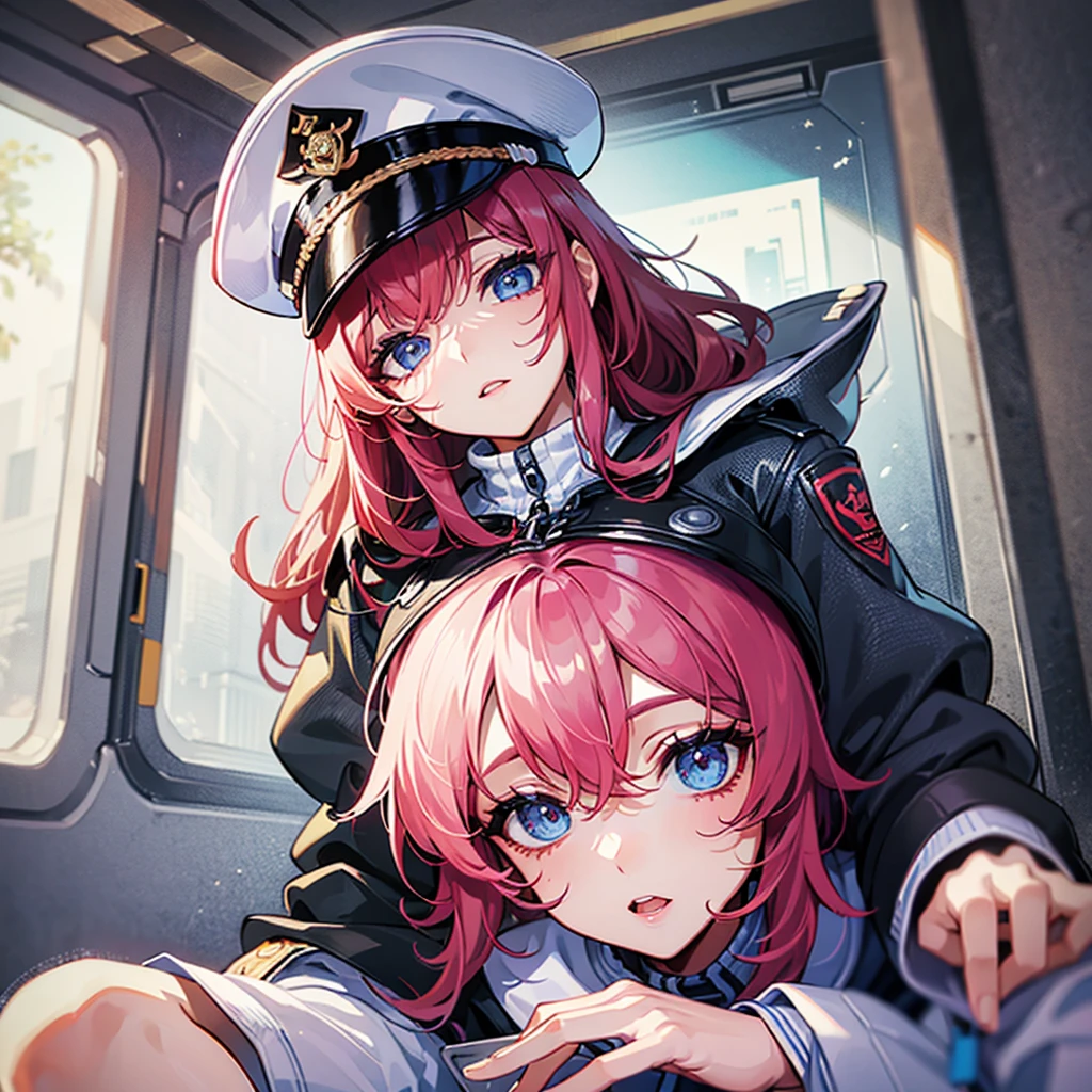 （（（​masterpiece、Top image quality、top-quality、highly detailed unity 8ｋwall-paper）））、（Illustration of one woman）、30-years old、（Viceroy）、（（Red-haired shorthair））、（Thin hair hanging down both sides of the face）、Blue eyes、（（Tall））、（（Muscle Woman、stocky build、muscular legs、broad shoulders、solid chest））、（（Military uniforms））、（（Military Cap））、（（Military coat））、（white  clothes）、（White pants）、（White cap）、trench coat、（（（Inside a futuristic spaceship、Sitting in the captain's seat、The Universe on the Monitor）））