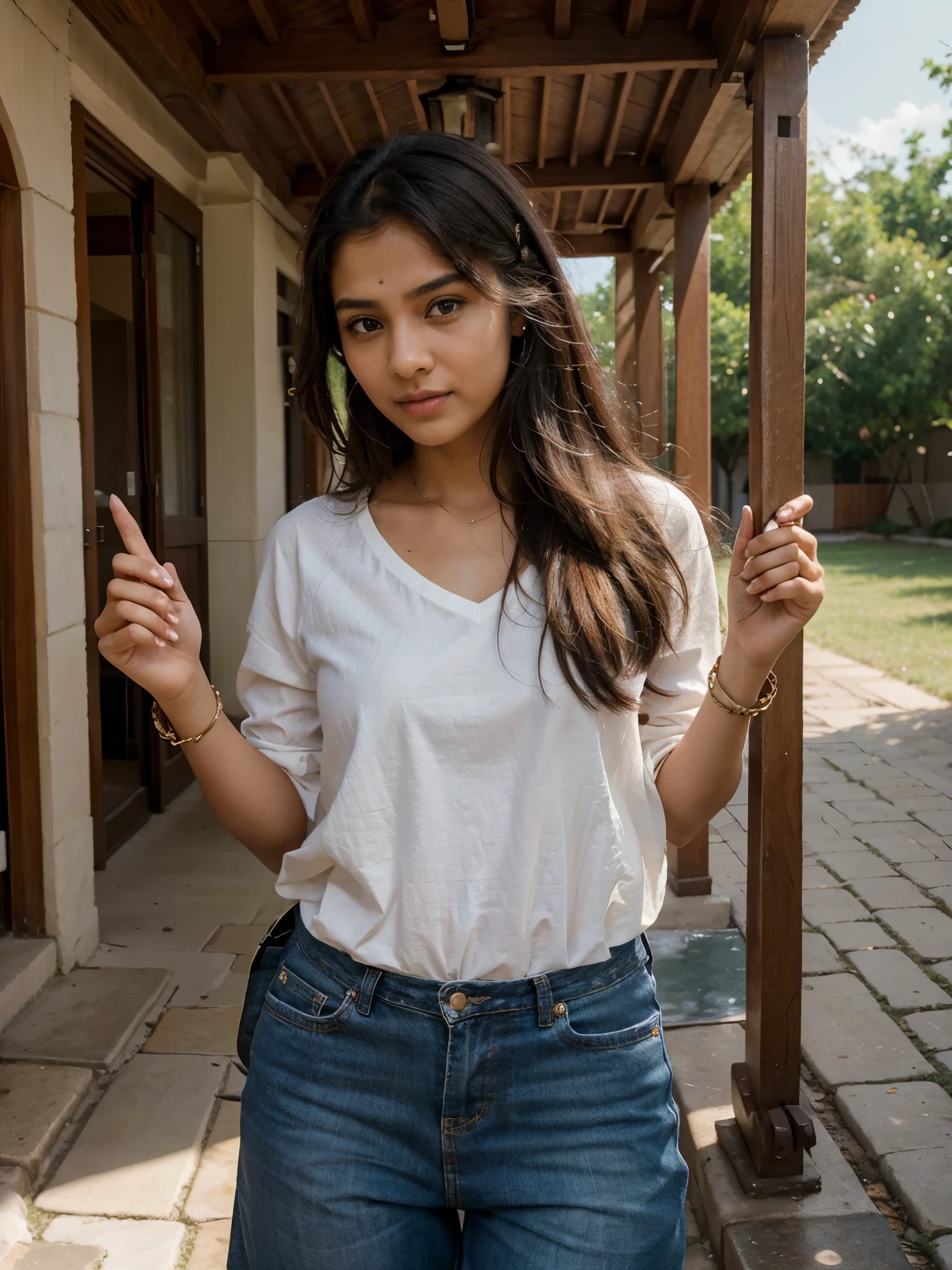 Craft a hyper realistic and vivid description of an exceptionally attractive Gen Z Indian girl who skillfully fuses traditional elements with contemporary style. Capture her fashion-forward choices, vibrant personality, and the unique charm she brings to embody the intersection of age-old traditions and the spirited trends of today's generation. Explore how her cultural roots and modern flair seamlessly coalesce, painting a picture of timeless allure and youthful exuberance