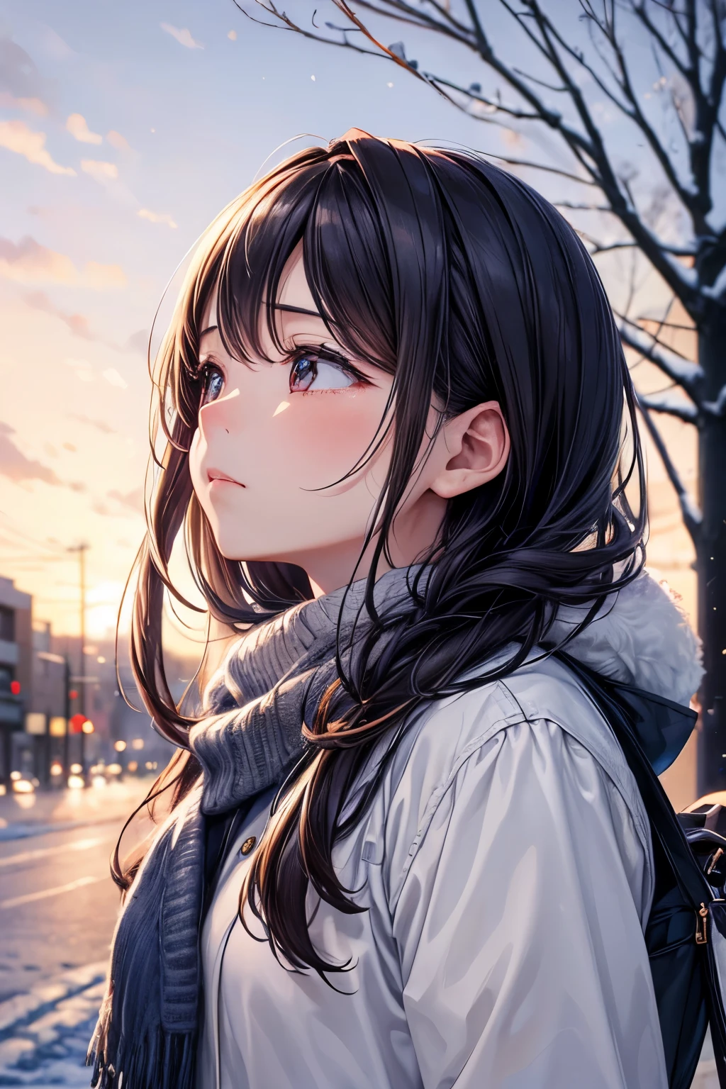 ((masuter piece、Best Quality))、A woman looking up at the sky with a sad face、The background is a winter city、Background bokeh