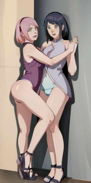 absurdres, highres, ultra detailed, (2girls:1.2), Hinata, (single sidelock:1.2), Sakura, nervous, underwear, formal, {Lauren phillips lifting alice Merchesi \(meme\),} looking at another, blush, yuri, eye contact, height difference, smile, ass, kabedon, standing, against wall, open mouth, tall female, thighs, full body, indoors,