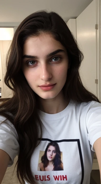 ((Front facing camera selfie)), 18 yo girl named Zahra Amiri, (straight nose), (prominent nose bridge), (female face golden ratios:1.15), long dense dark brown hair, (pale skin:1.25), (hazel eyes), thin eyebrows, high cheekbones, beautiful plump lips, big natural breasts, wearing tshirt, apartment background, smirk