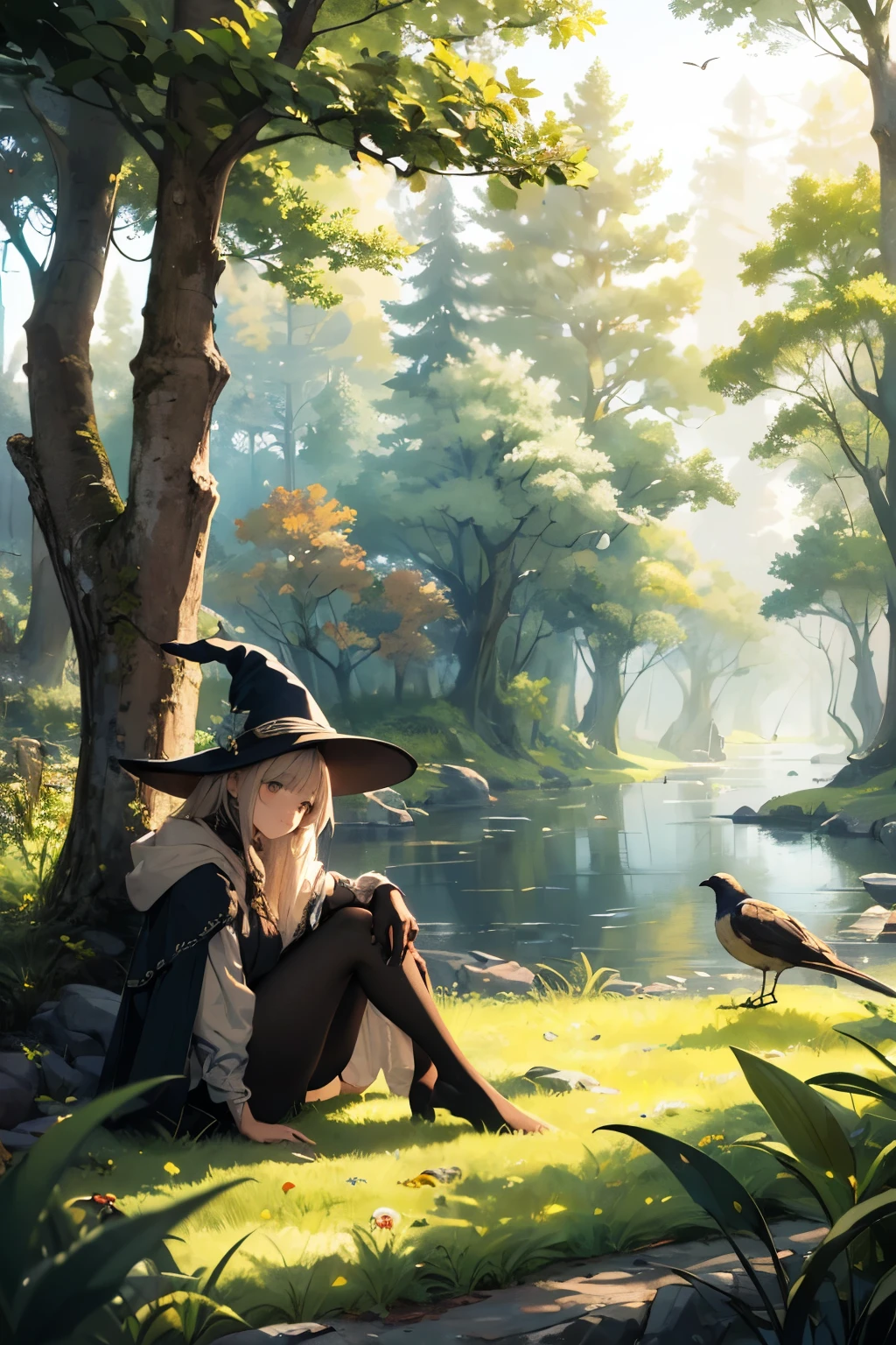 ((best quality)), ((masterpiece)), (detailed), landscape, forest, calming view, one witch girls sitting on under the tree, looking at bird on ground,