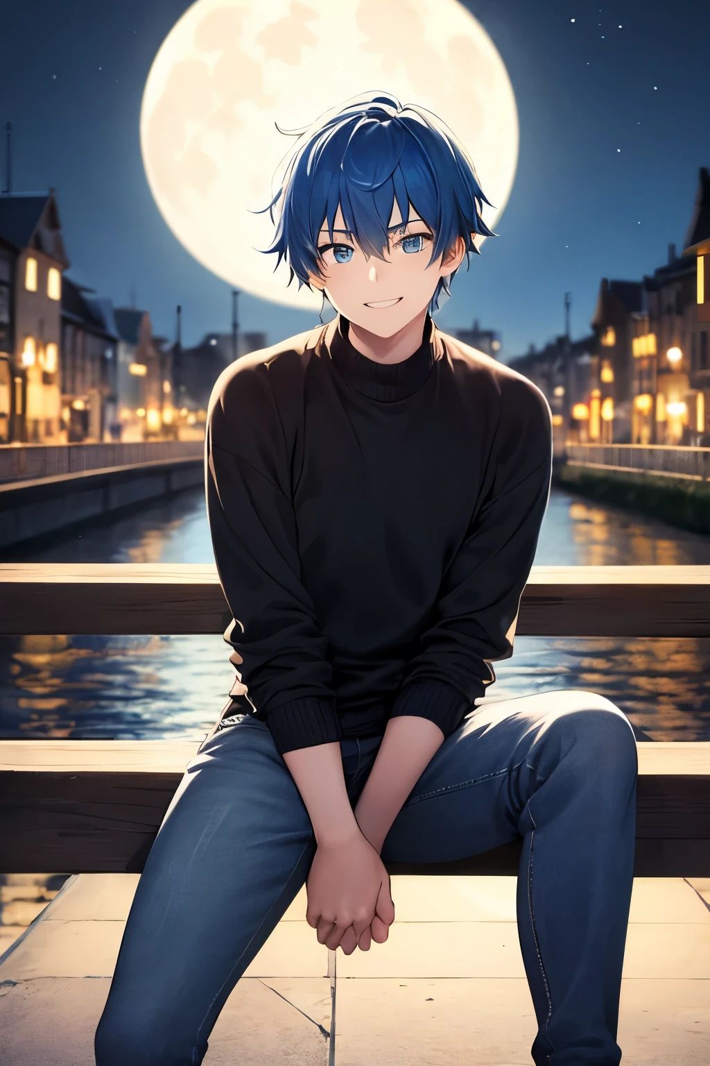 ((best quality)), ((masterpiece)), (detailed), perfect face.

A male teenager, with blue eyes, blue hair, white skin, wearing a sweater, and jeans, while smiling slightly. He sits on a rail of a bridge and river behind him. The moon top left, nighttime.