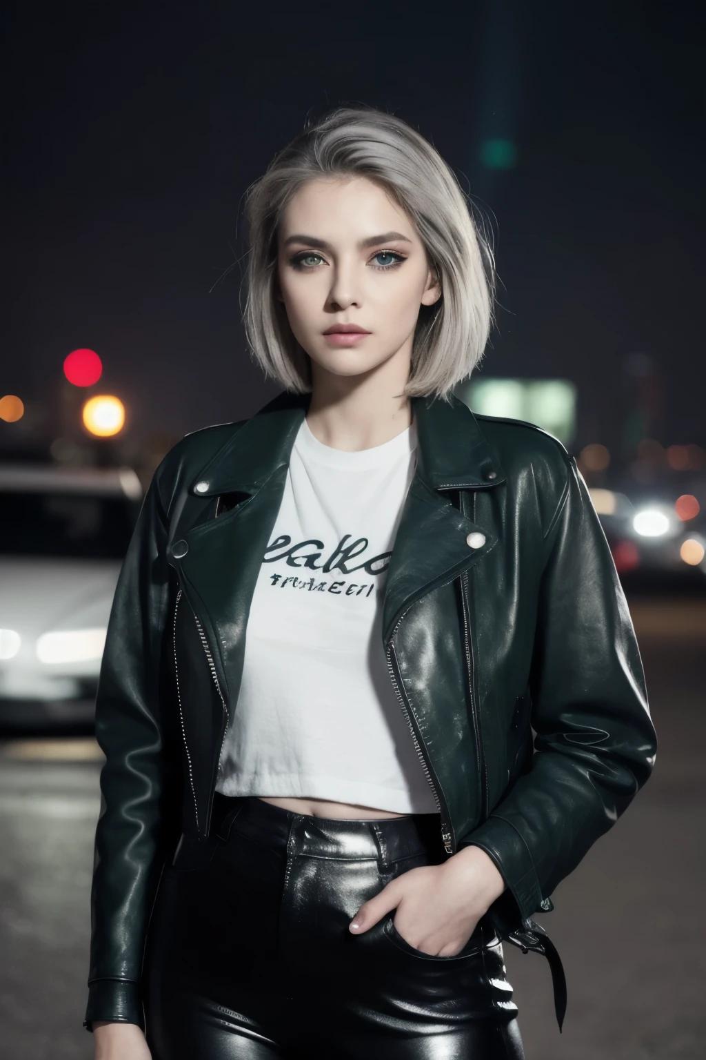 (Masterpiece), (beste-Qualit), (side glance), (dramatic light), (ciberpunk),( light grey hair, Sidelock haircut),the night, Sateen, (A long scar on her left eye, Green eyes, Black mascara & eyeshadows ), (leather jacket), (leather pants), (white tshirt) ,Standing, (looking to the sky), (neon lights), The city