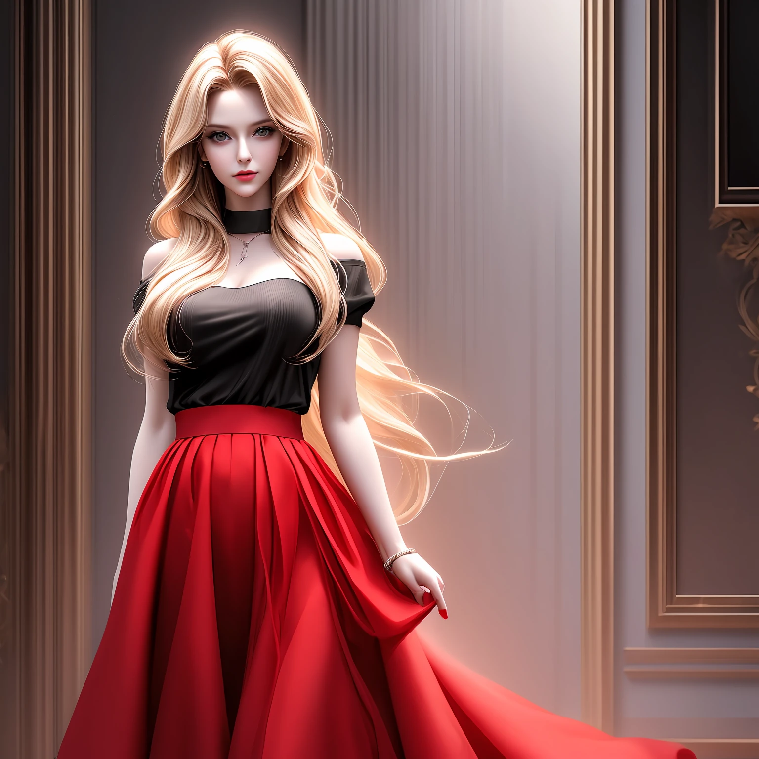 a woman with long blonde hair wearing a red skirt and black top, trending on artstration, beautiful digital artwork, stunning art style, beautiful artwork, high quality portrait, high quality digital painting, black art, stunning artwork, realistic digital art 4 k, realistic digital art 4k,  girl fanart, gorgeous art, realistic artstyle, high quality 16k digital art