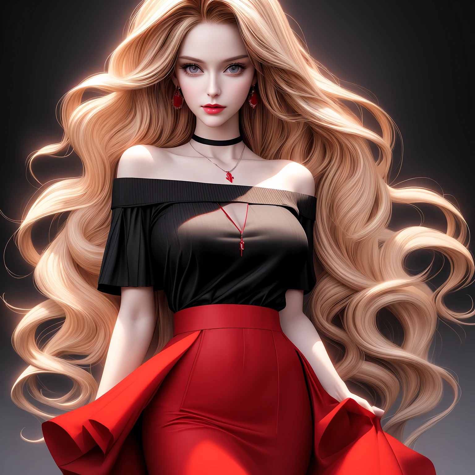 a woman with long blonde hair wearing a red skirt and black top, trending on artstration, beautiful digital artwork, stunning art style, beautiful artwork, high quality portrait, high quality digital painting, black art, stunning artwork, realistic digital art 4 k, realistic digital art 4k, girl fanart, gorgeous art, realistic artstyle, high quality 16k digital art