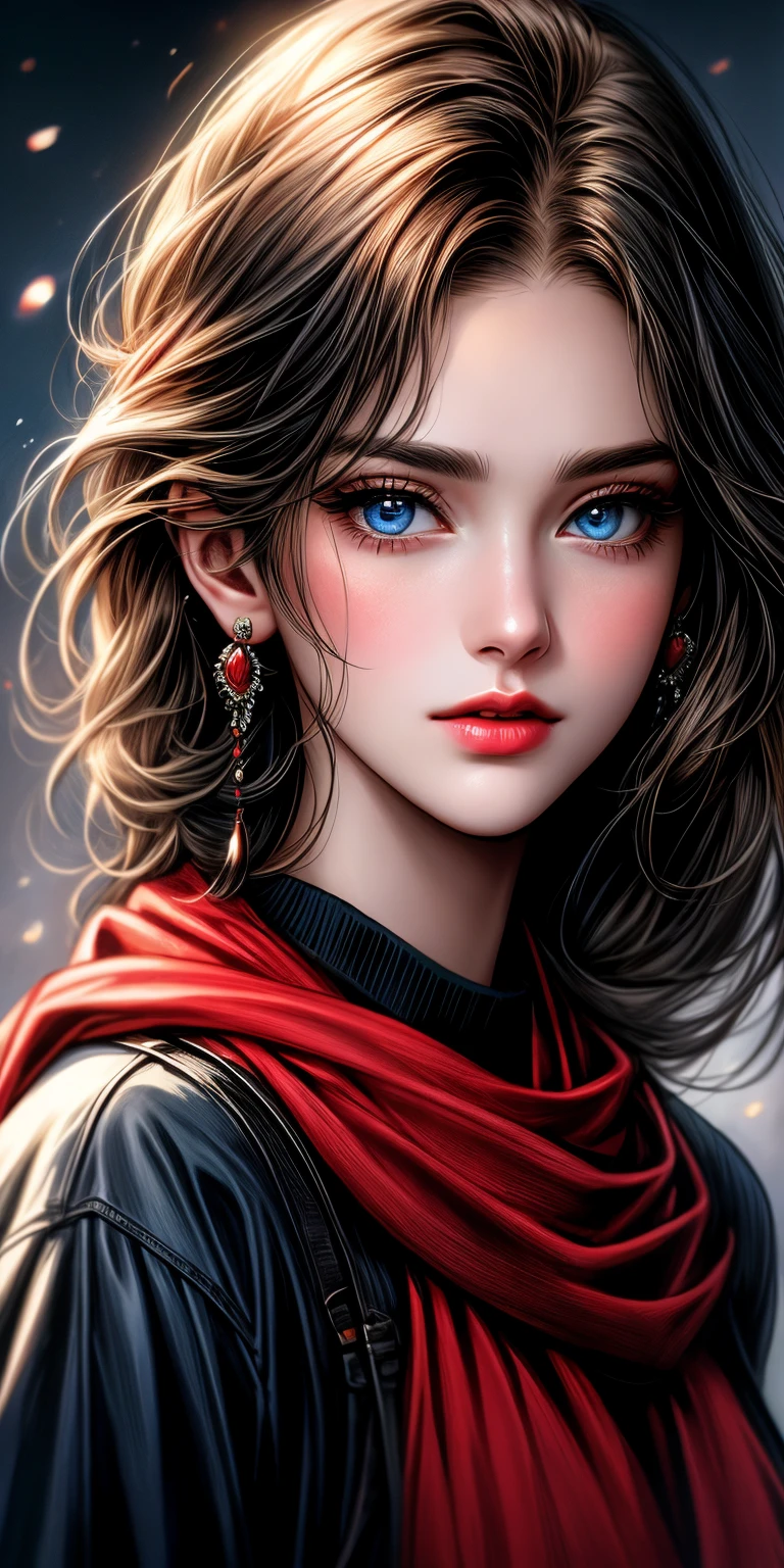 A closeup of a woman with blue eyes and a red scarf, bela arte digital, 8k arte detalhada de alta qualidade, retrato impressionante do rosto do anime, Arte digital detalhada em 4k, Arte digital altamente detalhada em 4k, rosto bonito detalhado, Arte digital realista 4K, Arte digital realista 4K, Grande arte digital com detalhes, lindo arte digital, stunning digital illustration