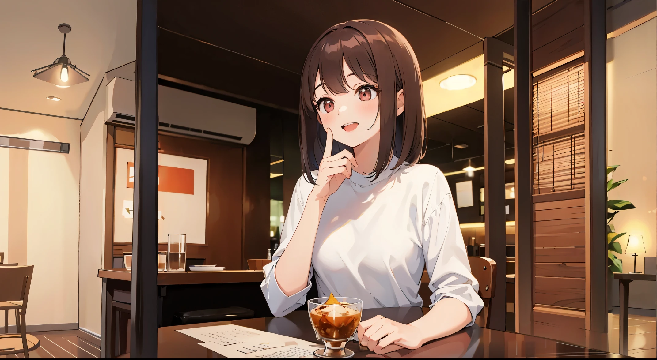 The background is a restaurant、ceiling、walls、The table、a chair