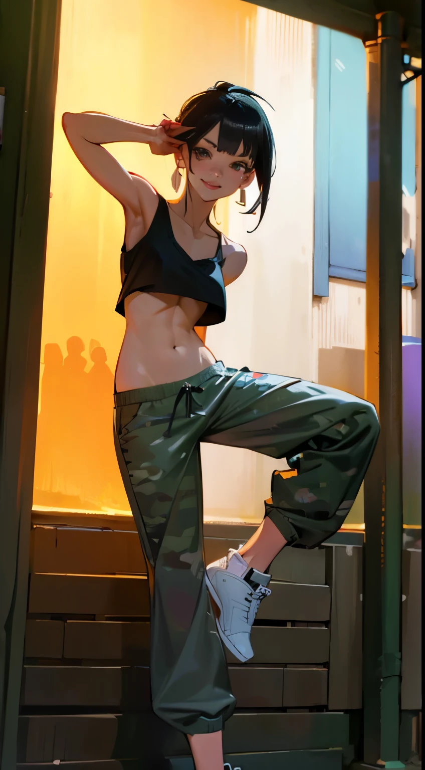 (best quality,4k,highres,masterpiece:1.2),realistic,Japanese style masterpiece: environment: night, streets, alleyways and graffiti on the walls, neon lights, young woman, in her 20s, black hair, brown eyes, dangling earrings, silver short hair, perfect figure, slim hips, exposed small breasts with brown nipples, pierced navel, loose camouflage pants open to reveal black underwear, white sneakers, mischievous smile, light makeup, hip-hop pose, accompanied by a stray black cat.