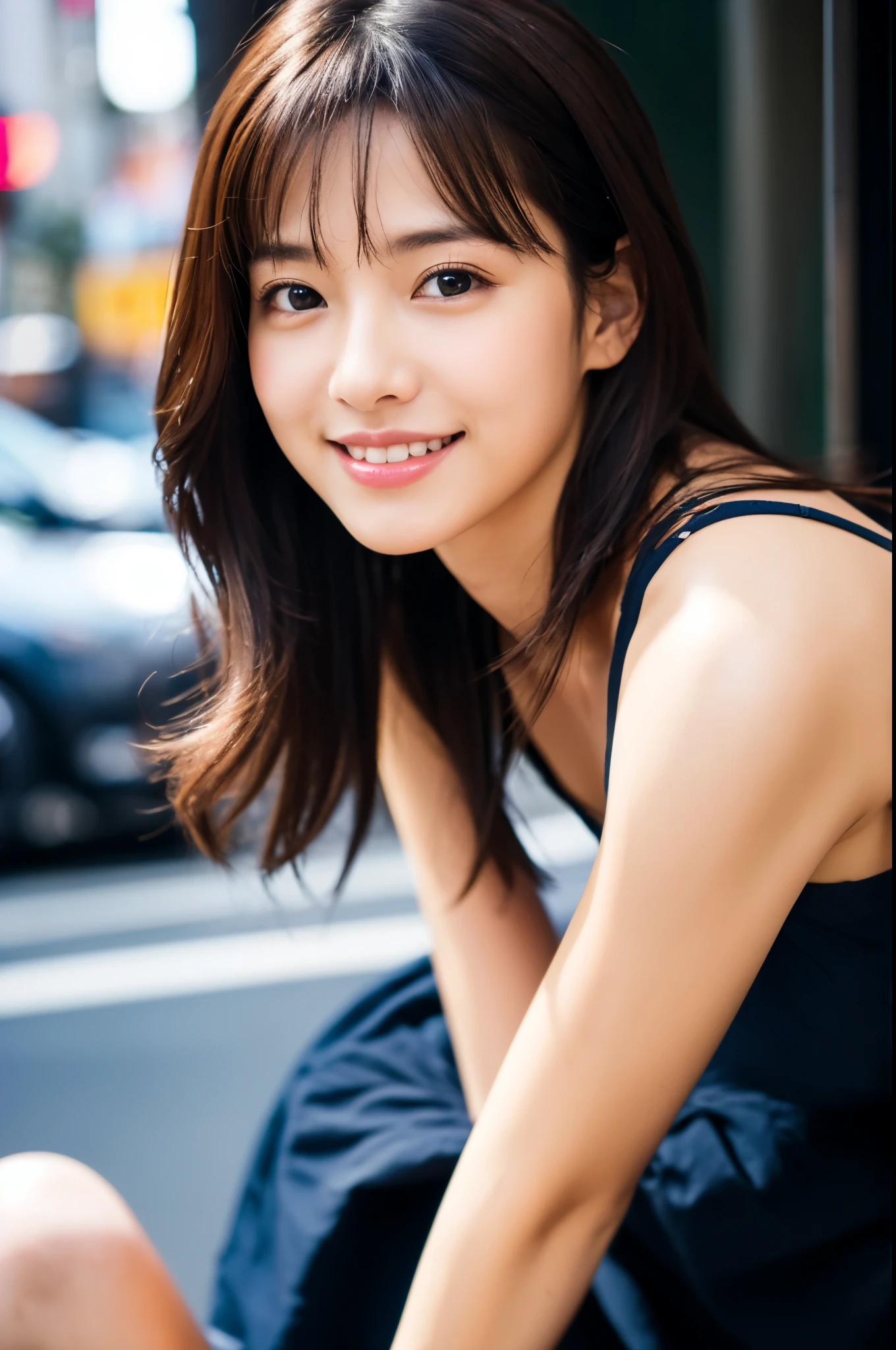 ((top-quality、8K、masterpiece:1.3))、1girl in、A smile、full body Esbian、Slim Faces、Pretty women、(dark brown hair)、Colossal tits,Full-length dresses:1.1、hyperdetailed face、A detailed eye、二重まぶた、blured background、Slim Faces、城市、takeout、a street、