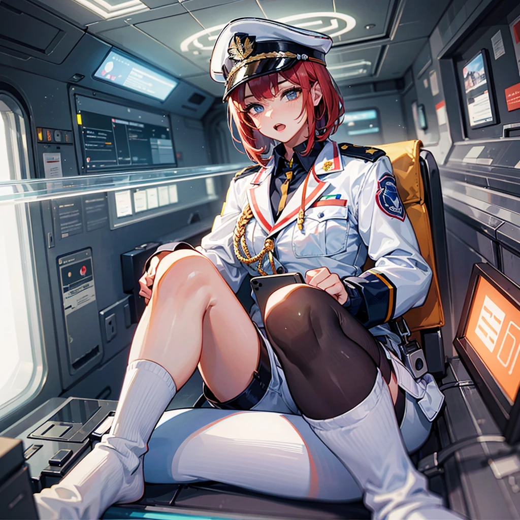 （（（​masterpiece、Top image quality、top-quality、highly detailed unity 8ｋwall-paper）））、（Illustration of one woman）、30-years old、（Viceroy）、（（Red-haired shorthair））、（Thin hair hanging down both sides of the face）、Blue eyes、（（Tall））、（（Muscle Woman、stocky build、muscular legs、broad shoulders、solid chest））、（（manspreading））、（（Military uniforms））、（（Military Cap））、（（Military coat））、（white  clothes）、（White pants）、（White cap）、trench coat、（（（Inside a futuristic spaceship、Sitting in the captain's seat、The Universe on the Monitor、Earth seen from space）））