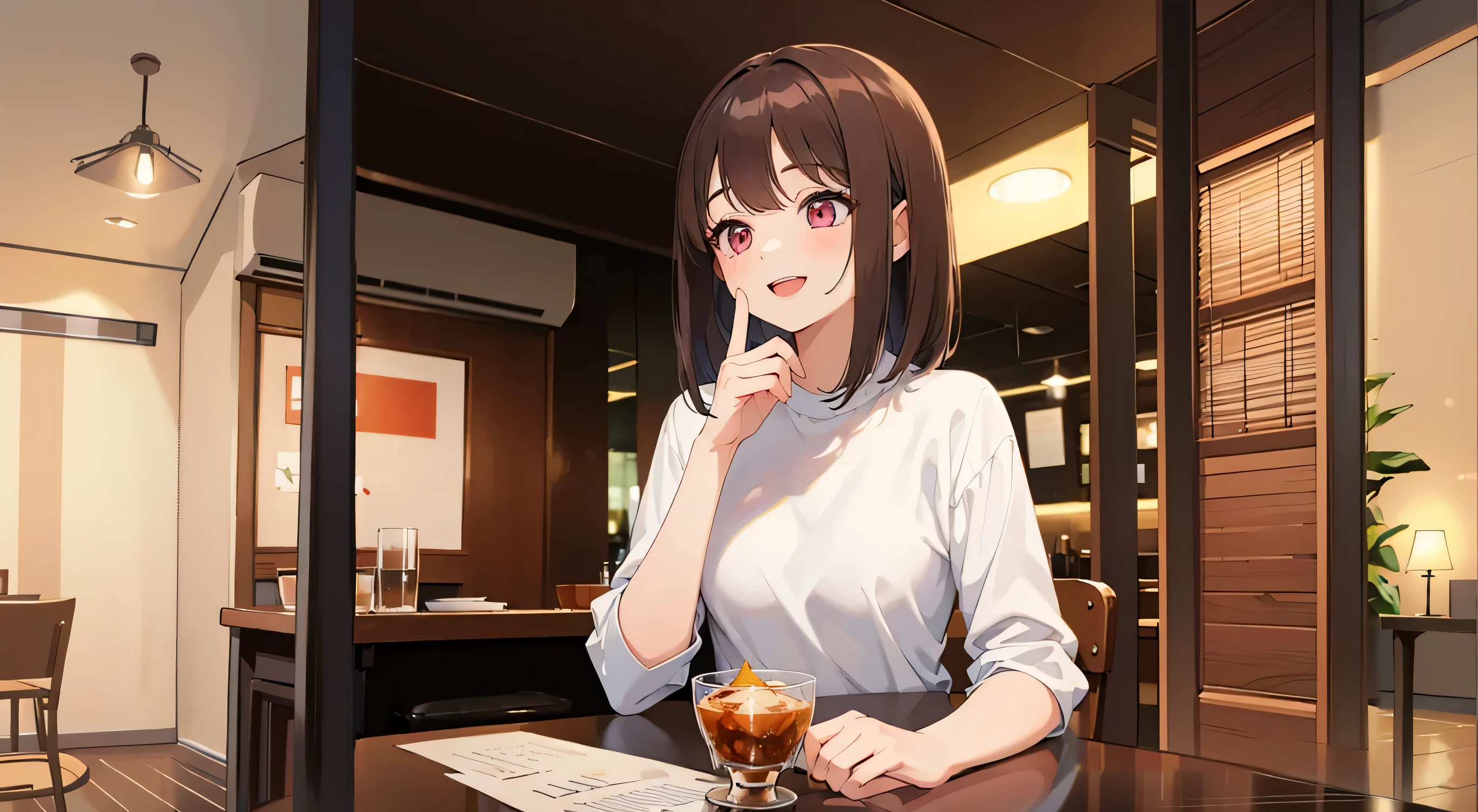 The background is a restaurant、ceiling、walls、The table、a chair