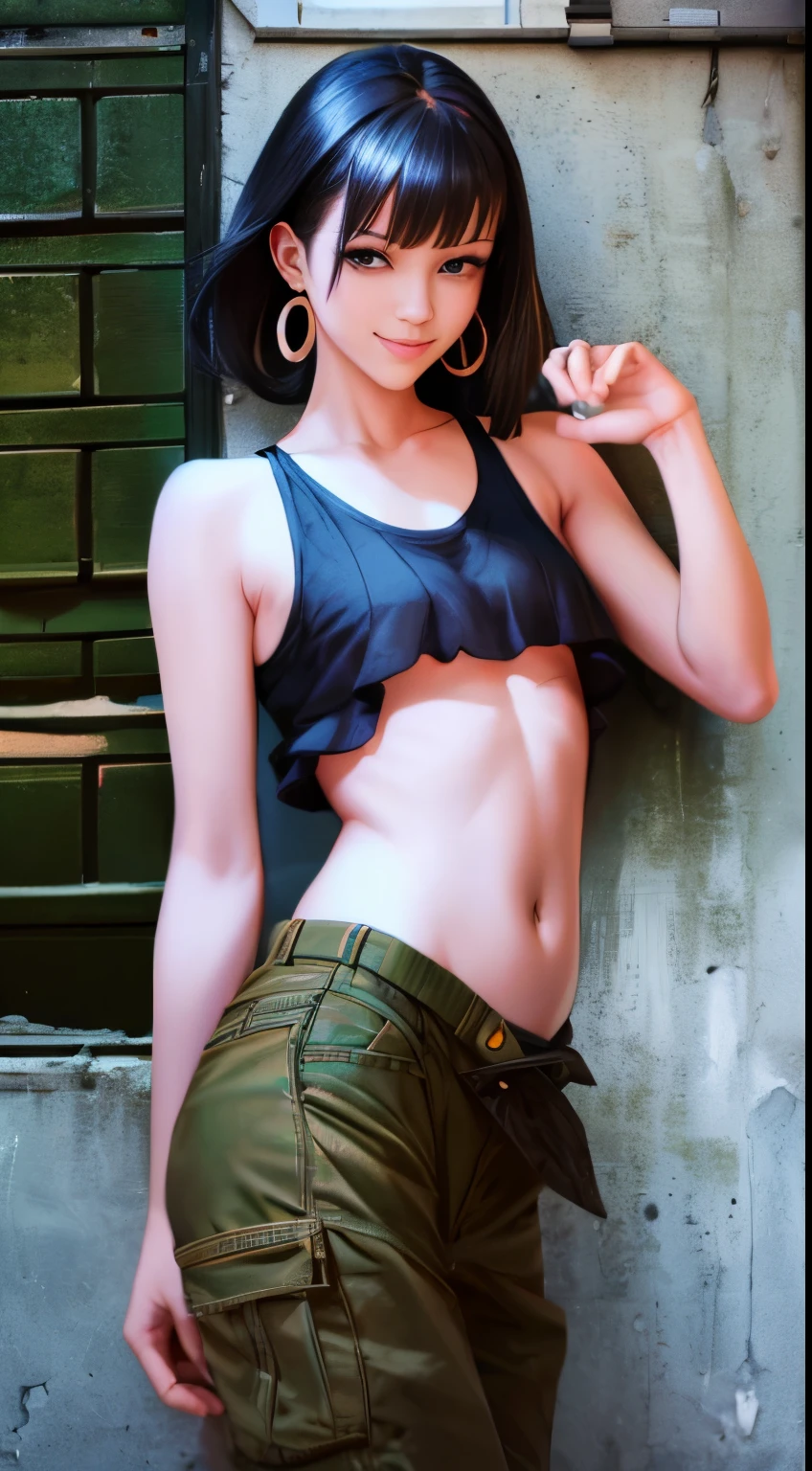 (best quality, realistic, highres:1.2), Japanese masterpiece, street, night, graffiti on the walls, neon lights, young woman, 20s, black hair, brown eyes, large earrings, silver short hair, perfect figure, slender hips, exposed small chest with brown nipples, belly button piercing, loose camouflage pants open to reveal black lingerie, white sneakers, mischievous smile, light makeup, hip-hop pose, accompanied by a stray black cat