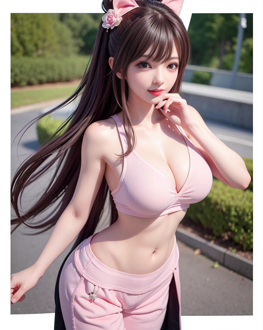 (Best Quality, 8K, 32K, masutepiece, nffsw:1.2), Kizuna Ai, Huge breasts,Long hair, Brown hair, multicolored hair, Floating hair, pink hairband, Pink Highlights, striated hair, Smiling, pink sports bra, black jogging pants, Navel, mountain road, Muscular abs, six packs, Navel piercing