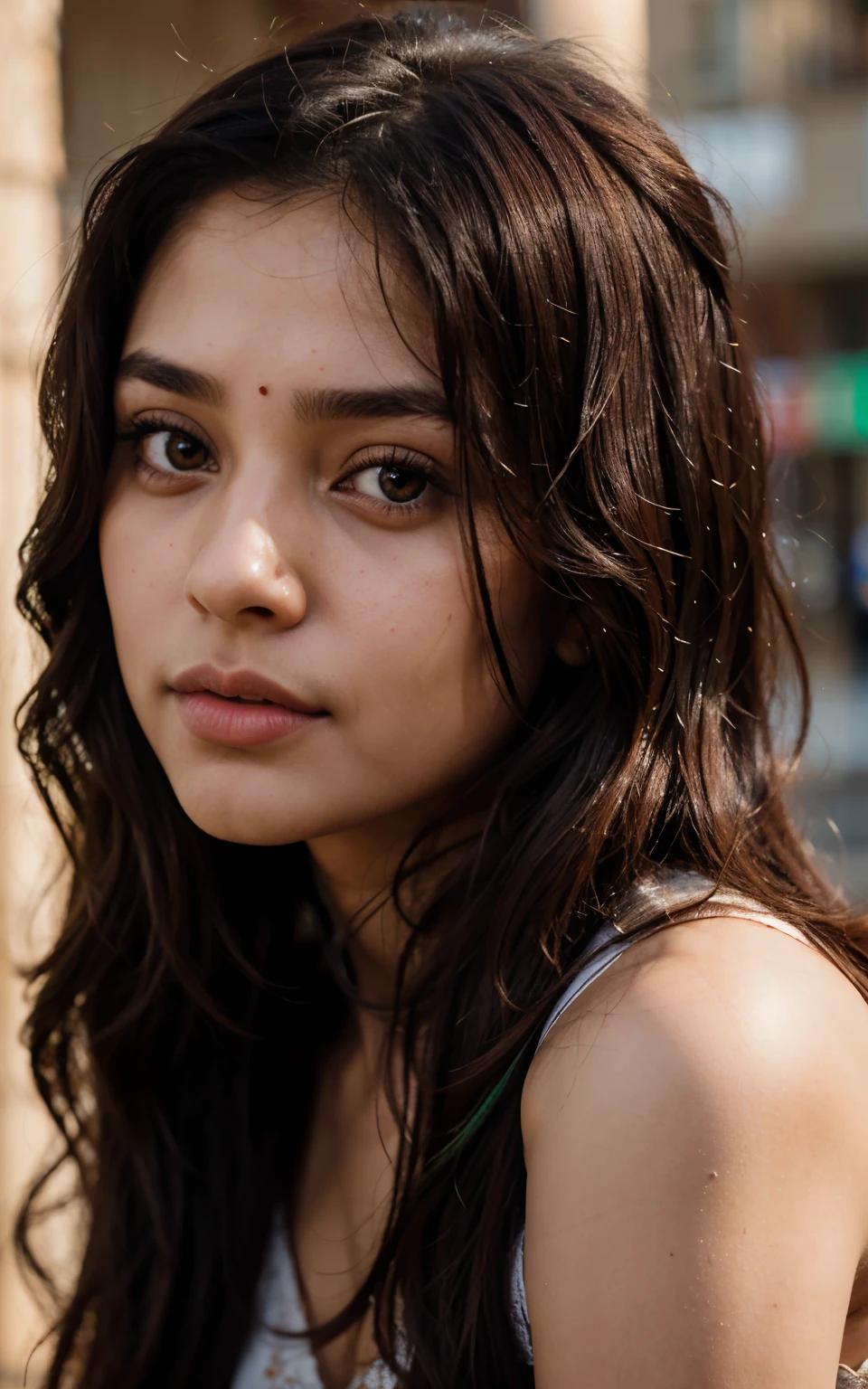 Pakistani girl ,long burgundy hair, piercing hazel eyes, looking directly at camera, photorealistic photograph, 8k resolution