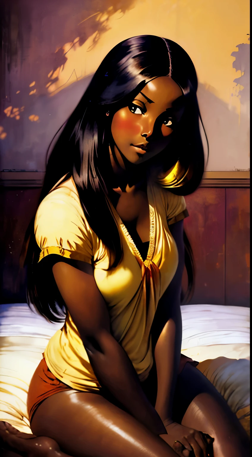 ((Centered,Solo Beautiful Sudanese woman with dark skin, striking eyes1:1)), casual shirt, mid shot, low angle, sitting against a colorful shadowed painted bedroom wall, art by akihiko yoshida, manga art style, colorfield illustration, mysterious atmosphere, global illumination, by frank frazetta, by goro fujita, blur, anime key visual, (blue, yellow and peach colors), photorealistic, dramatic, long black hair, intricately detailed, chiaroscuro, pino daeni, impressionist