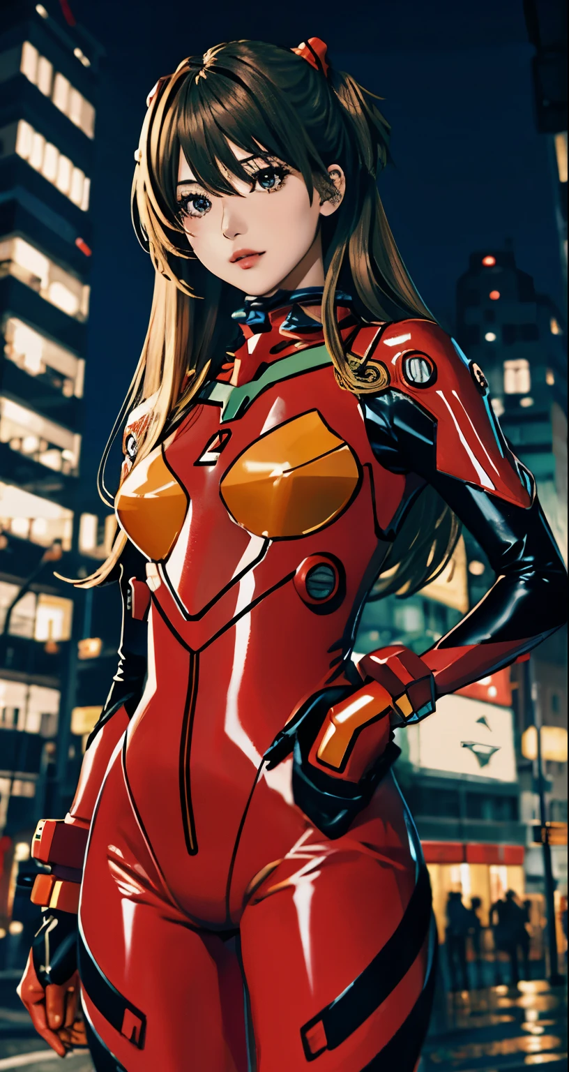 best quality, master part, Realistic, photoRealistic, 1girl, sozinho, Olhando para o Viewer, corpo inteiro, Standing, cabelos longos, fantasia de asuka, , Plugsuit, Bodysuit, ornamento de cabelo, Antecedentes detalhados, na rua, Noite, Luz, chuva,