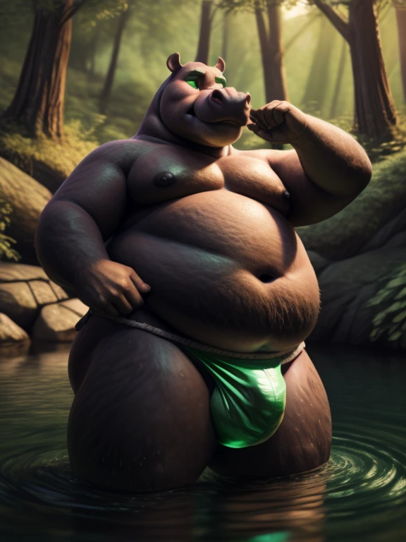 (Obese, Overweight, male, anthro, hippo), nude, fundoshi, big bulge, neon green eyes, by shiuk, forest by a lake, reflections dancing on the water surface, mysterious ambiance, long exposure photography, ultra fine details, octane rendering.