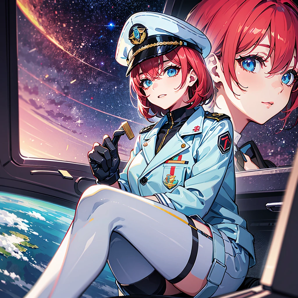 (((masterpiece、Top image quality、top-quality、highly detailed unity 8kwall-paper)))、(Illustration of one woman)、30-years old、(Viceroy)、((Red-haired shorthair))、(Thin hair hanging down both sides of the face)、Blue eyes、((Tall))、((Muscle Woman、stocky build、muscular legs、broad shoulders、solid chest))、((Military uniforms))、((Military Cap))、((Military coat))、(white clothes)、(White pants)、(White cap)、trench coat、(((Inside a futuristic spaceship、Sitting in the captain's seat、The Universe on the Monitor、Earth seen from space)))