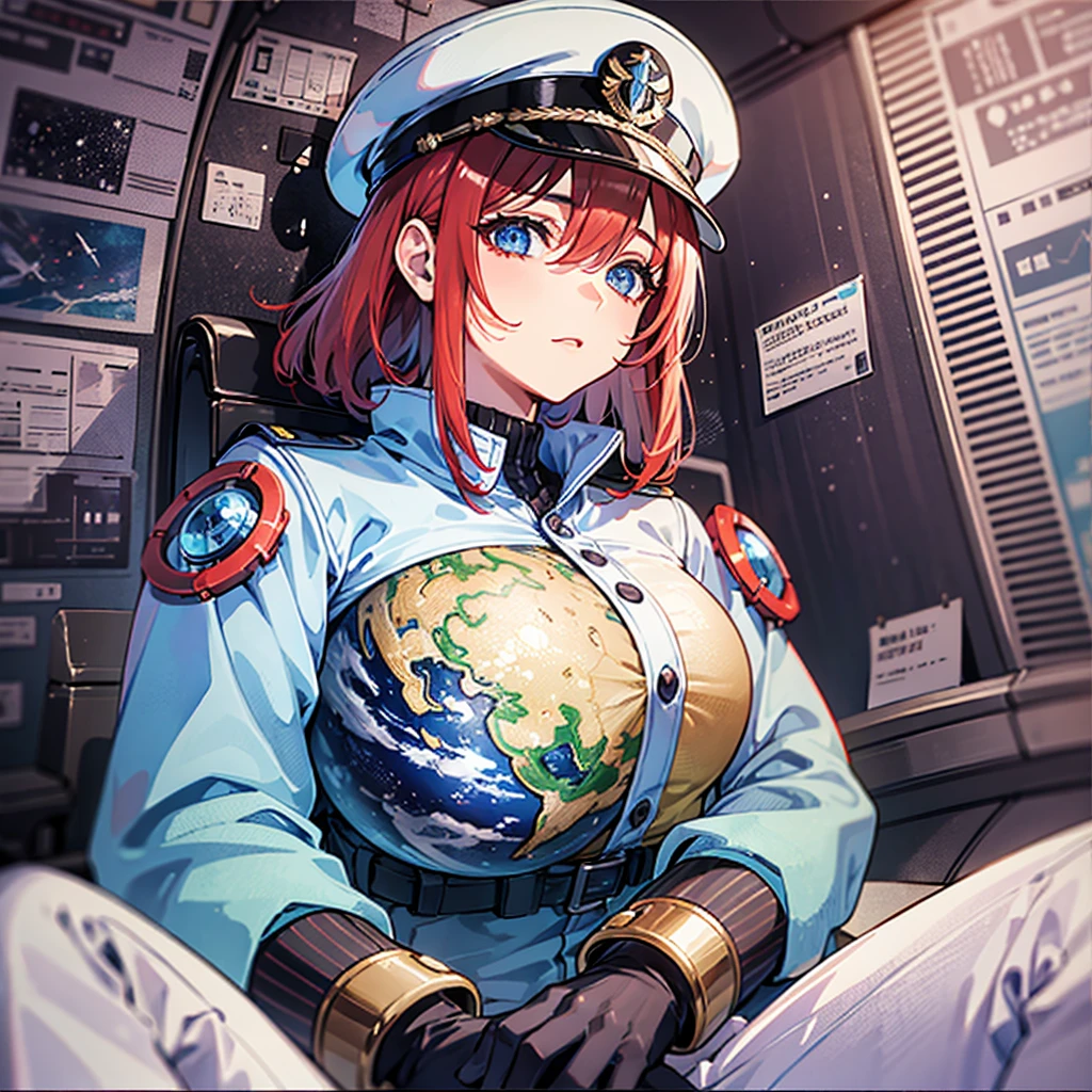 （（（​masterpiece、Top image quality、top-quality、highly detailed unity 8ｋwall-paper）））、（Illustration of one woman）、30-years old、（Viceroy）、（（Red-haired shorthair））、（Thin hair hanging down both sides of the face）、Blue eyes、（（Tall））、（（Muscle Woman、stocky build、muscular legs、broad shoulders、solid chest））、（（Military uniforms））、（（Military Cap））、（（Military coat））、（white  clothes）、（White pants）、（White cap）、trench coat、（（（Inside a futuristic spaceship、Sitting in the captain's seat、The Universe on the Monitor、Earth seen from space）））