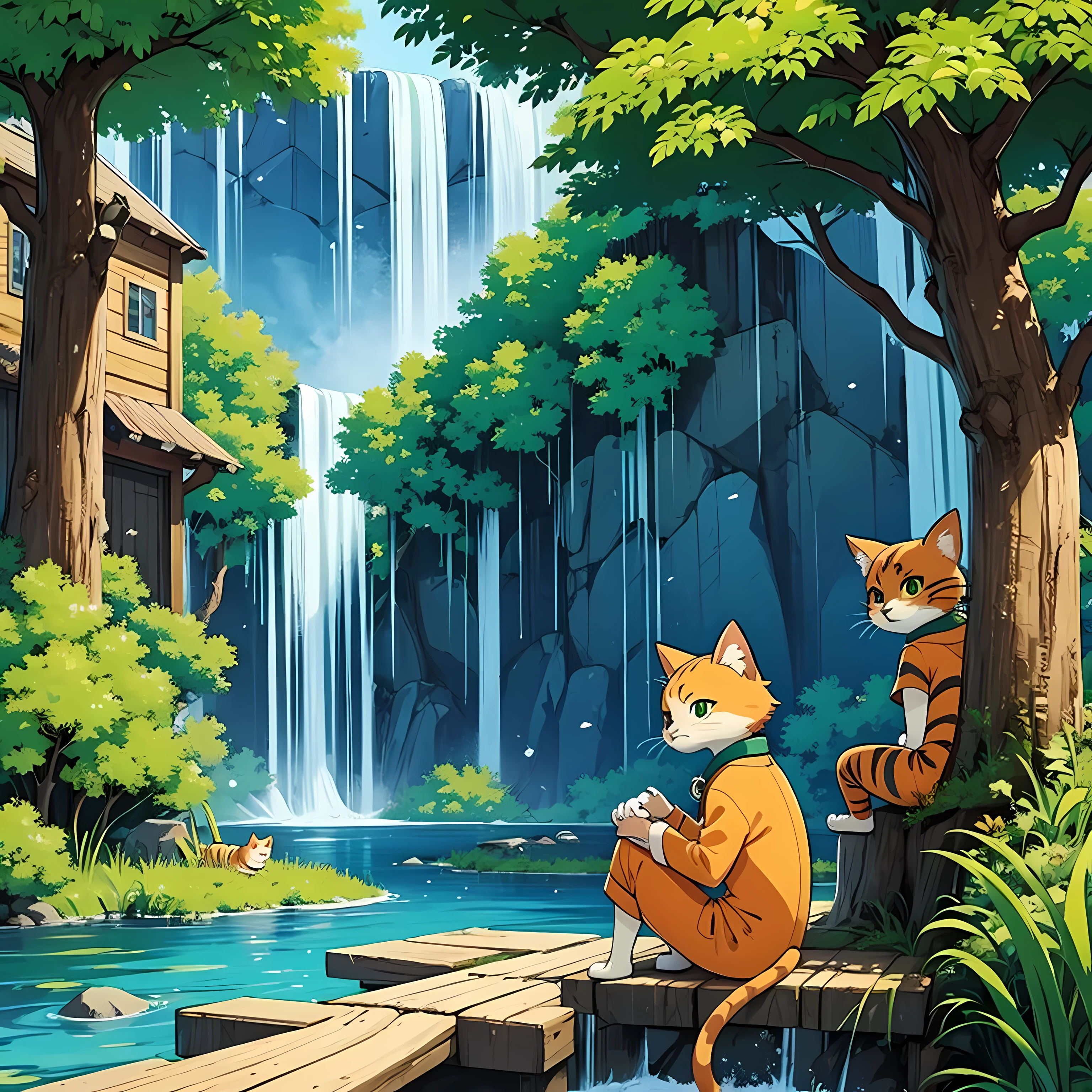 Des enfants jouent dans la jungle. Ils ont des oreilles de chats. Il y a des cabanes dans les arbres. Couleurs : bleu, vert. chevreaus with cat ears play in waterfall in the jungle. style : manga, Anime. poilu. chevreaus. amusement. background :Maison dans un arbre. Jungle. Bois. chevreau. chat. poilu. Inspirer de : Studio Ghibli. personnage. Personnage principal : un enfant avec un chat entend.