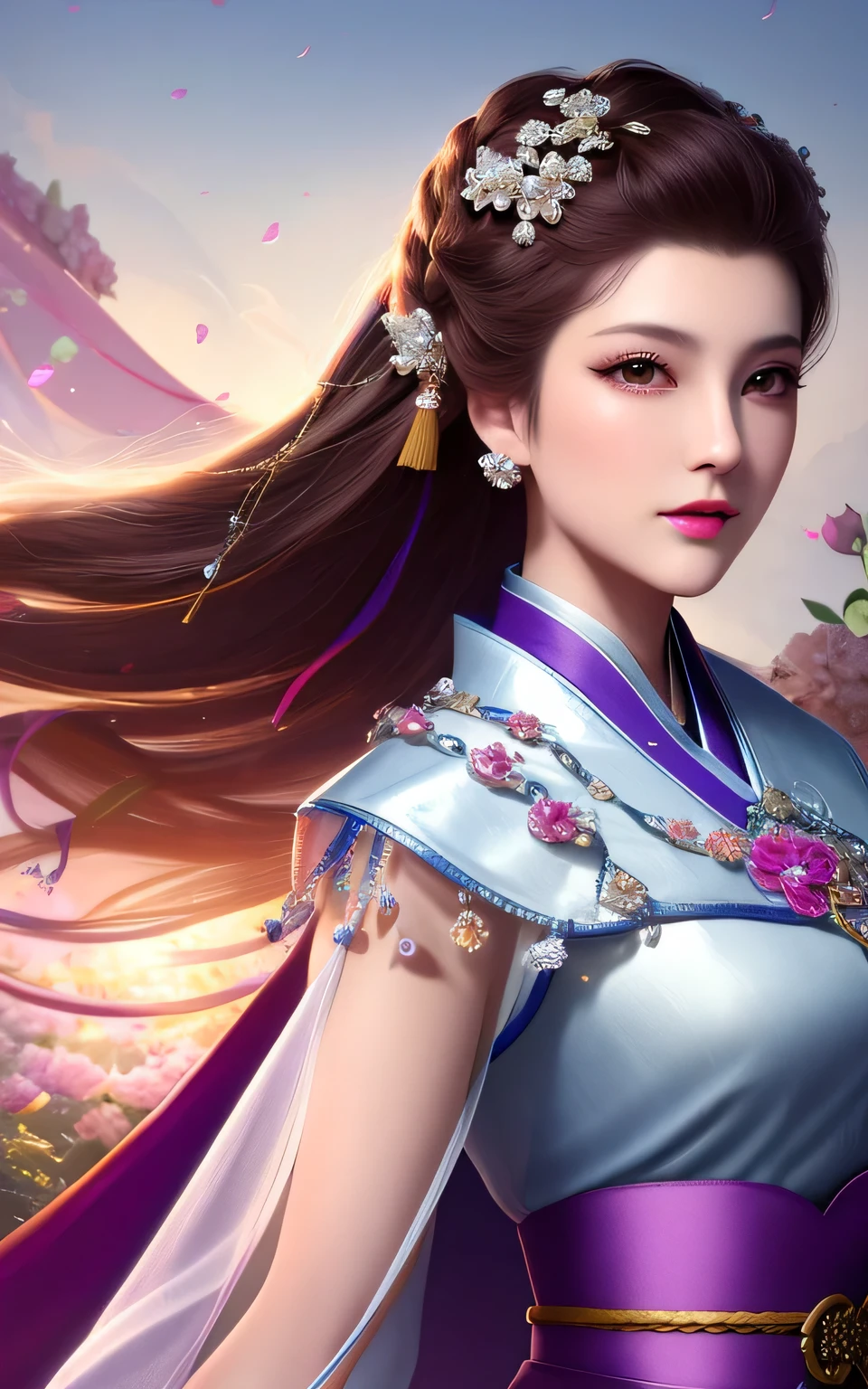 Best Quality, Masterpiece,upper half body,(Background with:a garden),1 Girl, mature woman, Chinese style, Ancient Chinese, sister, dancer, Dark-brown hair, A dark-haired, princess cut, Fried dough twist braid, coiled hair, double ball head,coiled hair,energy, Light Pink Lips, calm, intellectual,Purple eyes, tassel, Silver Thread, beads,Peony blossom, Gown, cloak, Silk skirt, embroidery, fair face, face closeup, Hand close-up,Brightly colored clothes,beautifull face,Photorealistic, rim lighting, Two-tone illumination,(high detailed skin:1.2), 8K uhd, DSLR, Soft lighting, High Quality, Volumetric lighting, a photo of, high resolucion, 4k, 8K, Bokeh