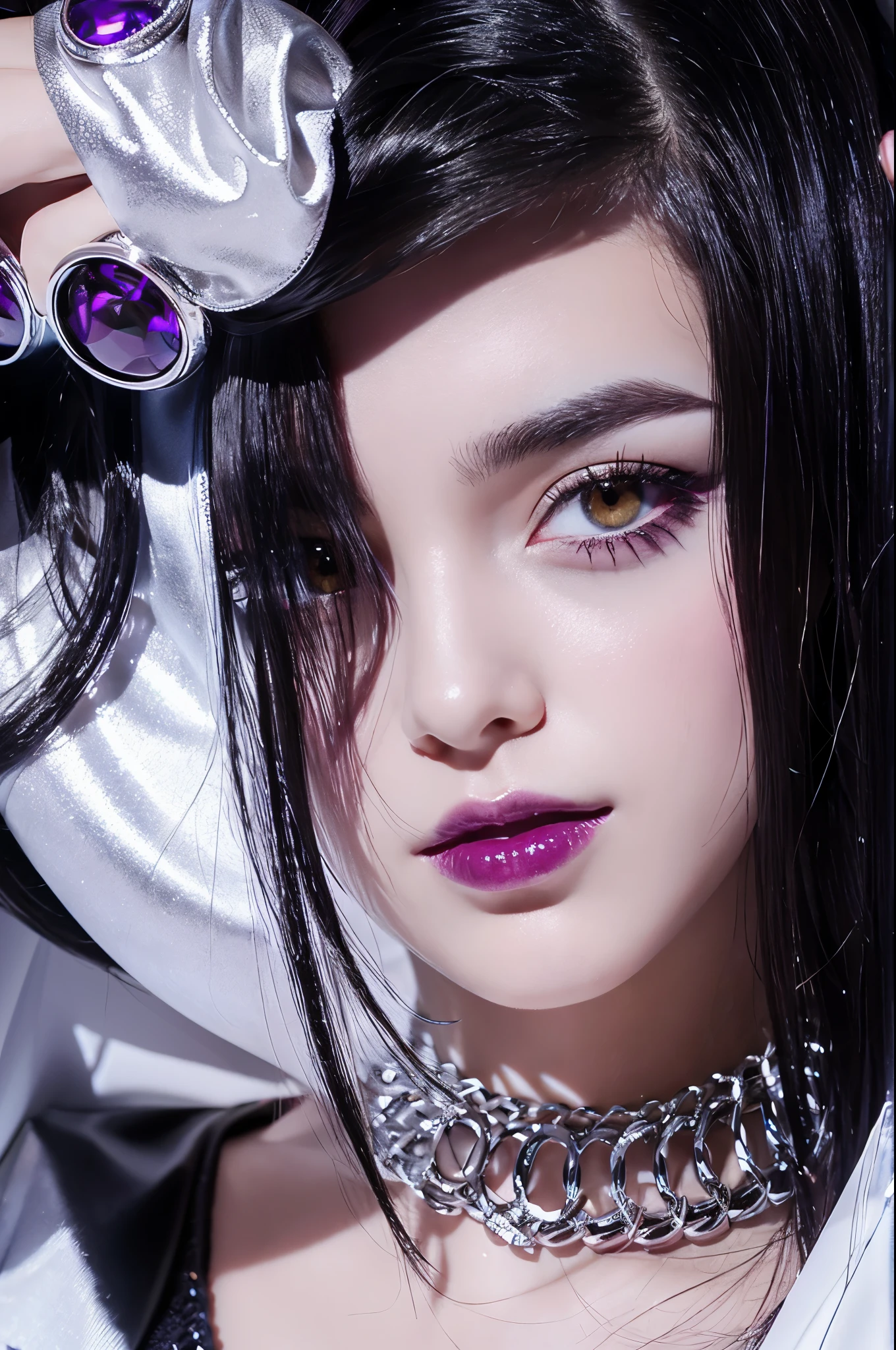 teens girl　A dark-haired　Magenta eyes　Wolfcut　magenta inner color　Mode clothing　Cool　Silver Accessories