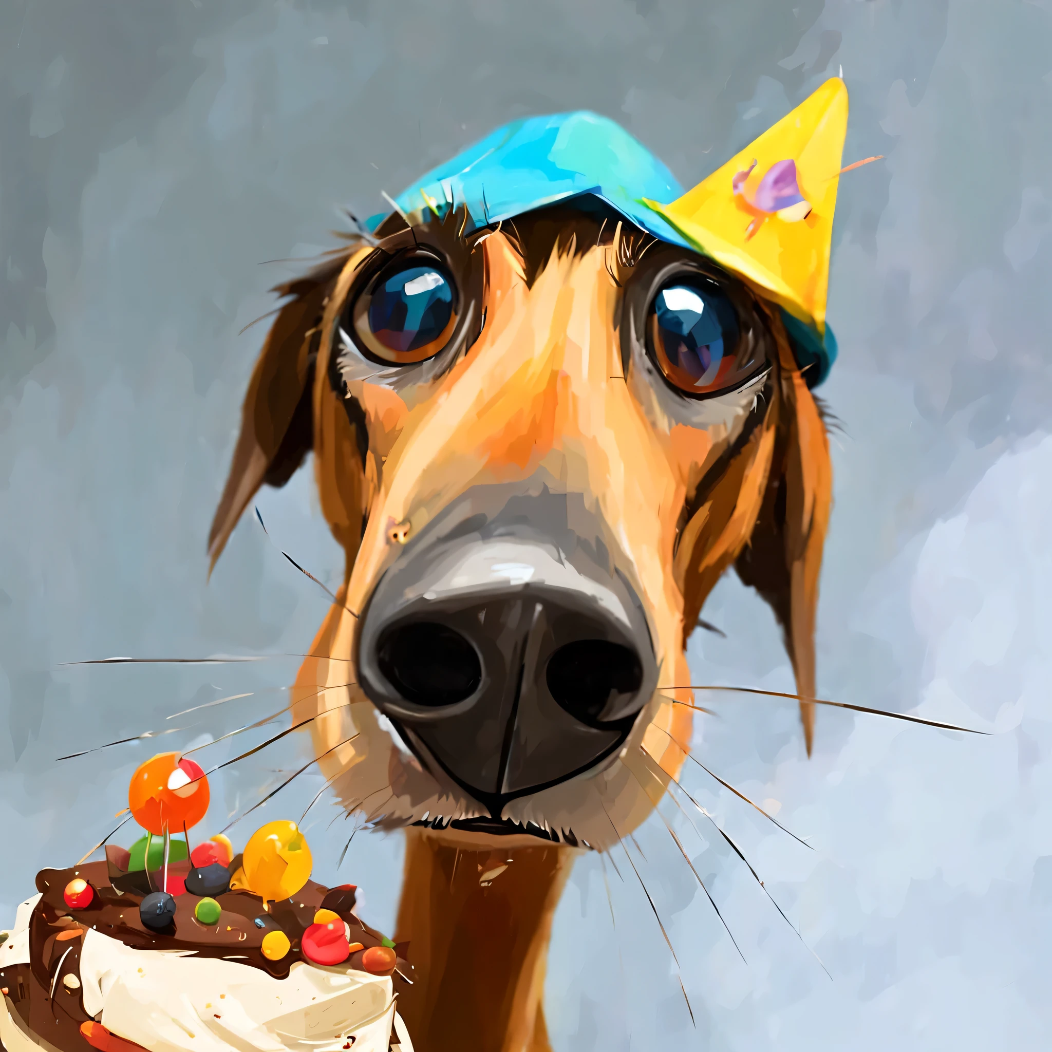 ein Fisheye-Cartoon mit Hundekopf, strongly elongated snout, ausdrucksstarke Augen, Karikatur, Albeniz Rodriguez-Stil, italienisches Windspiel, with party hat, Geburtstag, Congratulations, Torte, 42 Jahre