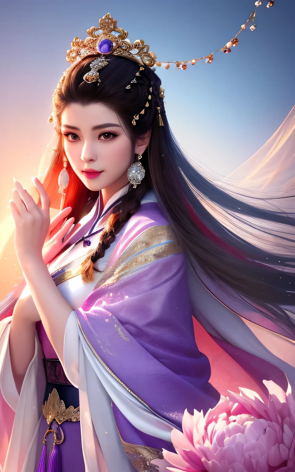 Best Quality, Masterpiece,upper half body,(Background with:a garden),1 Girl, mature woman, Chinese style, Ancient Chinese, sister, dancer, Dark-brown hair, A dark-haired, princess cut, Fried dough twist braid, coiled hair, double ball head,coiled hair,energy, Light Pink Lips, calm, intellectual,Purple eyes, tassel, Silver Thread, beads,Peony blossom, Gown, cloak, Silk skirt, embroidery, fair face, face closeup, Hand close-up,Brightly colored clothes,beautifull face,Photorealistic, rim lighting, Two-tone illumination,(high detailed skin:1.2), 8K uhd, DSLR, Soft lighting, High Quality, Volumetric lighting, a photo of, high resolucion, 4k, 8K, Bokeh