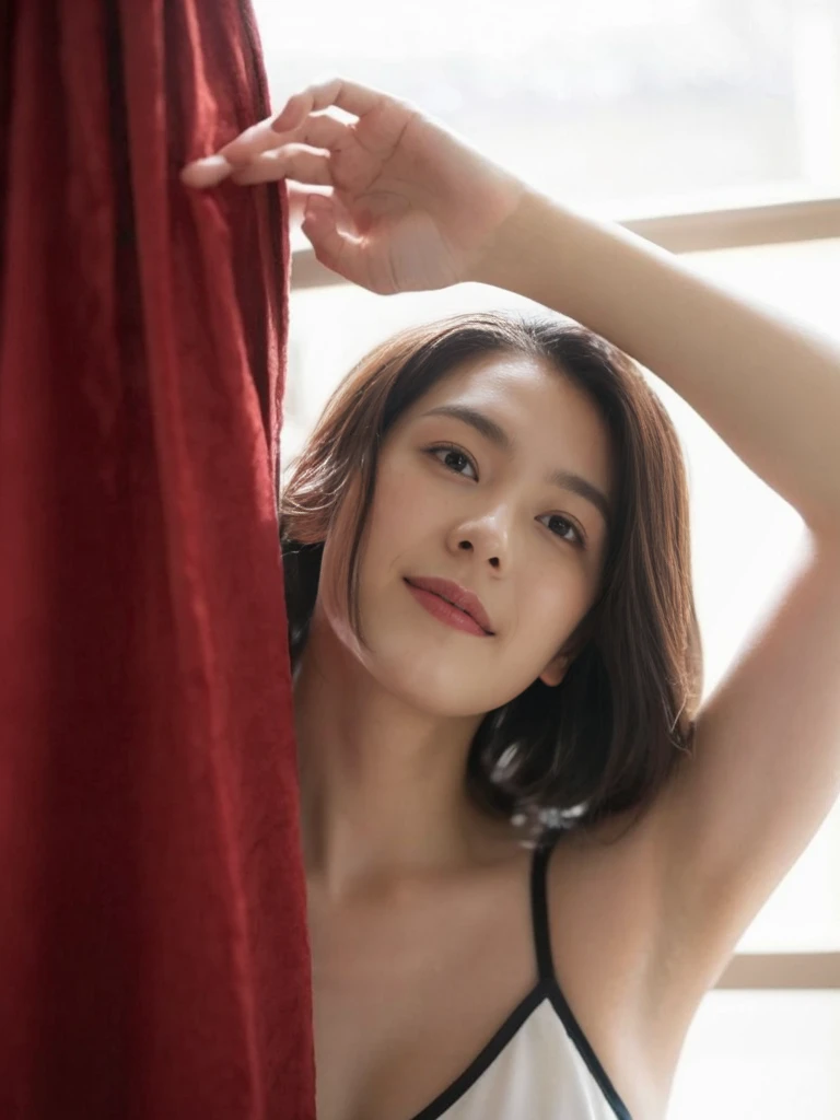 (On a table, Best quality, realistically, ultra - detailed, meticuloso, A high resolution, 8k wallpaper), Close-up portrait of a beautiful woman, Chariada, Smiling, light brown messy hair, Perfect dynamic composition, 美丽meticuloso的眼睛, Just like the cover of a fashion magazine, On campus