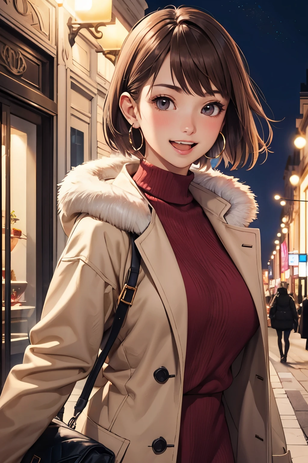(masterpiece), (best quality), high resolution, ultra detail, photorealistic, 8K, intricate face, detailed body, detailed face, beautiful, 
BREAK
1 girl, solo, short hair, brown hair, bangs, (wearing sweater dress under fur coat), Hoop Earrings
BREAK
Champs Elysées, (illumination:1.2), happy smile, wide open mouth, blush, night