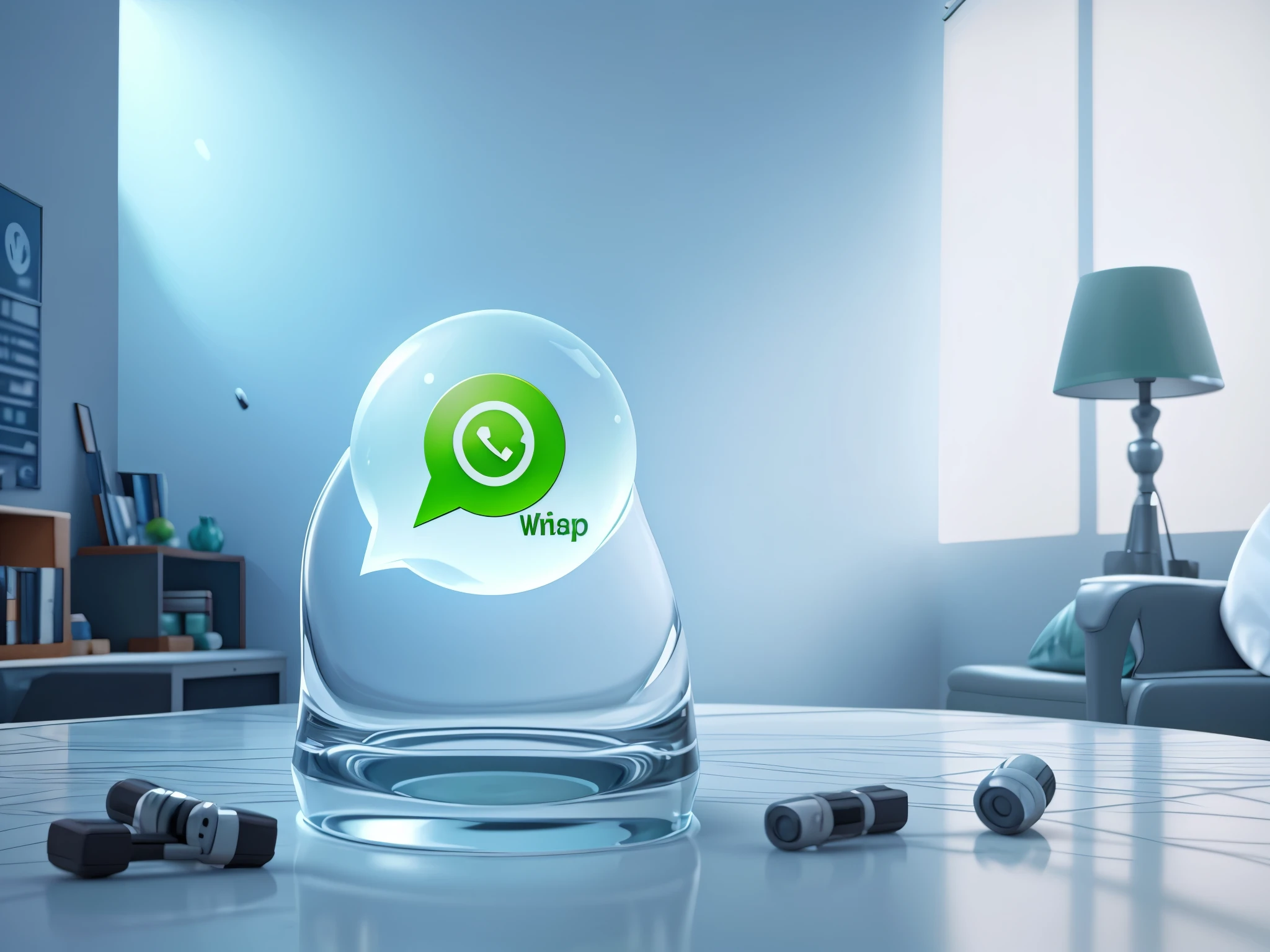 whatsapp logo, 3d, glass texture, white studio environment,angle