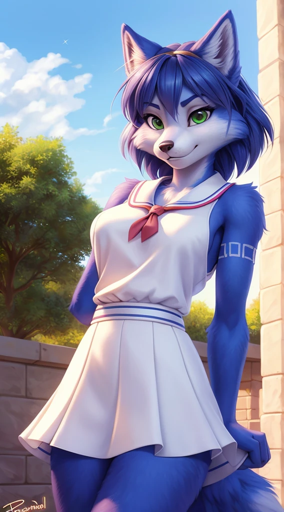 By iskra, by wolfy-nail, by Personalami, Krystal, Star Fox, female, (detailed), view of the viewer, fluffy, solo, 1 girl, high resolution, photorealistic, (green eyes), cute looking, embarrassed looking, ((clear structural details)), detailed realism, slim, soft, 4k, excellent quality, high details, (seductive), detailed fur, in school, school outfit, school uniform, school dress, dress, sexy naked, naked breasts, small boobs
