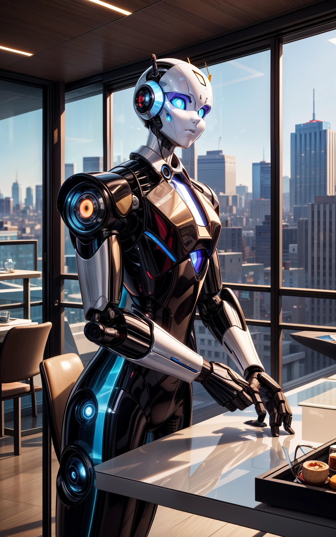 A robot Butler in a bustling sci-fi space station, its sleek metallic design complementing the high-tech environment, serving drinks to diverse humanoid and alien patrons in a lively, neon-lit bar, the scene filled with laughter and conversations, conveying a sense of camaraderie and intergalactic socializing