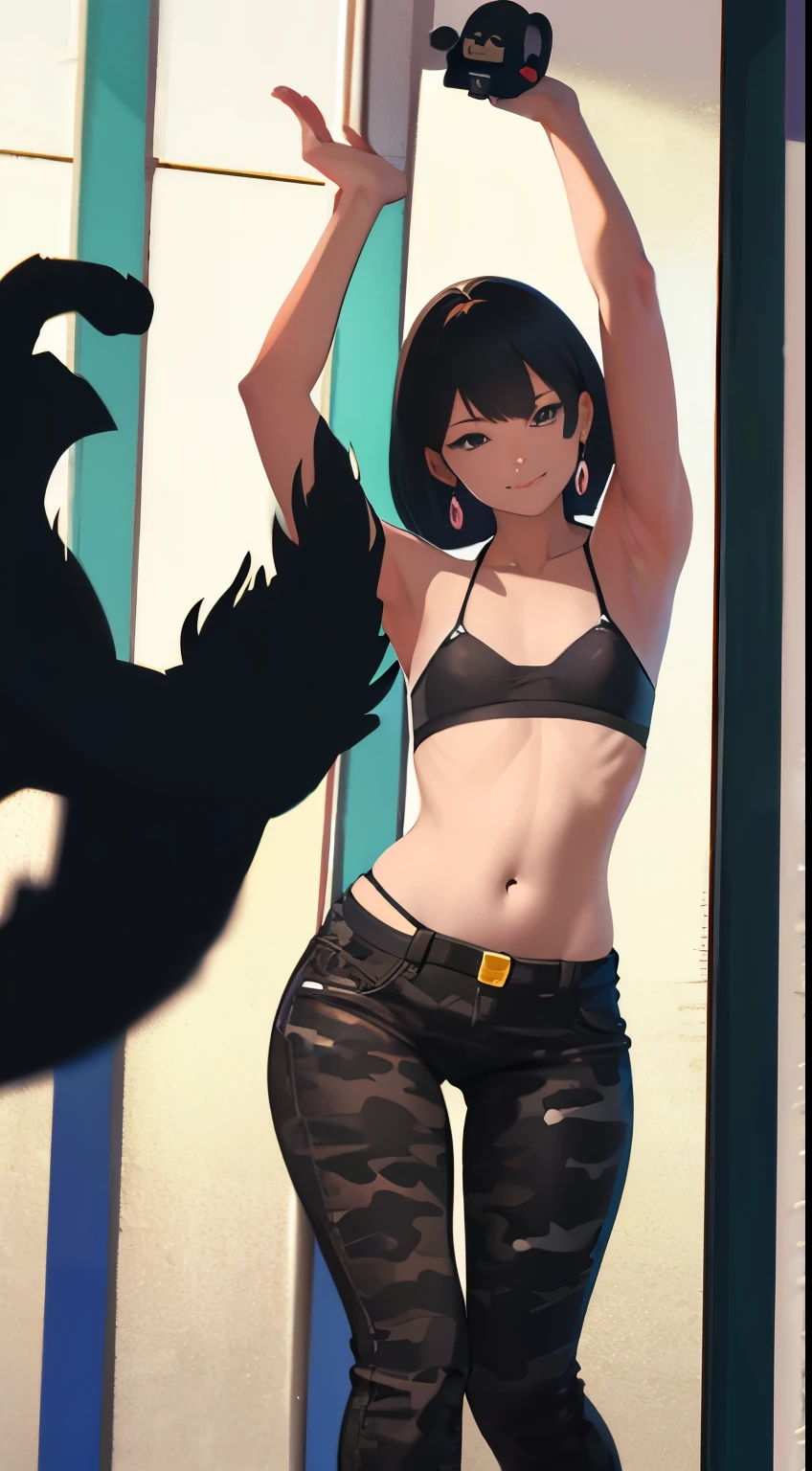 (best quality, realistic, highres:1.2), Japanese masterpiece, street, night, graffiti on the walls, neon lights, a lot of black cats, young woman, 20s, black hair, brown eyes, large earrings, silver short hair, perfect figure, slender hips, exposed small chest with brown nipples, belly button piercing, loose camouflage pants open to reveal black lingerie, white sneakers, mischievous smile, light makeup, hip-hop pose, accompanied by a stray black cat