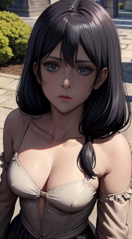 Long black hair,black coloured princess dress, standing,blue colour eyes,ultra realistic detailed shiny blue eyes, beautiful and perfect face, sunlight and garden background, Violet Evergarden's hairstyle, black hair, bright shining blue colour eyes