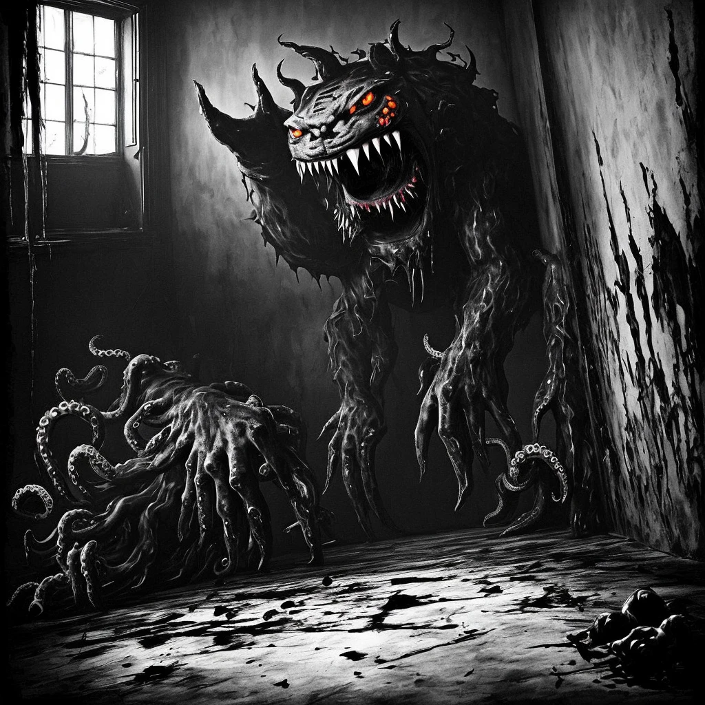In a gloomy room,A vicious monster rests here,It seems to have no entity,Black air emanating from all over,It's as big as a tiger,Like an amplified devil,The left hand is all over the eyes,The right hand is covered with sharp teeth,There are countless fine tentacles in the mouth,All I see is madness and destruction