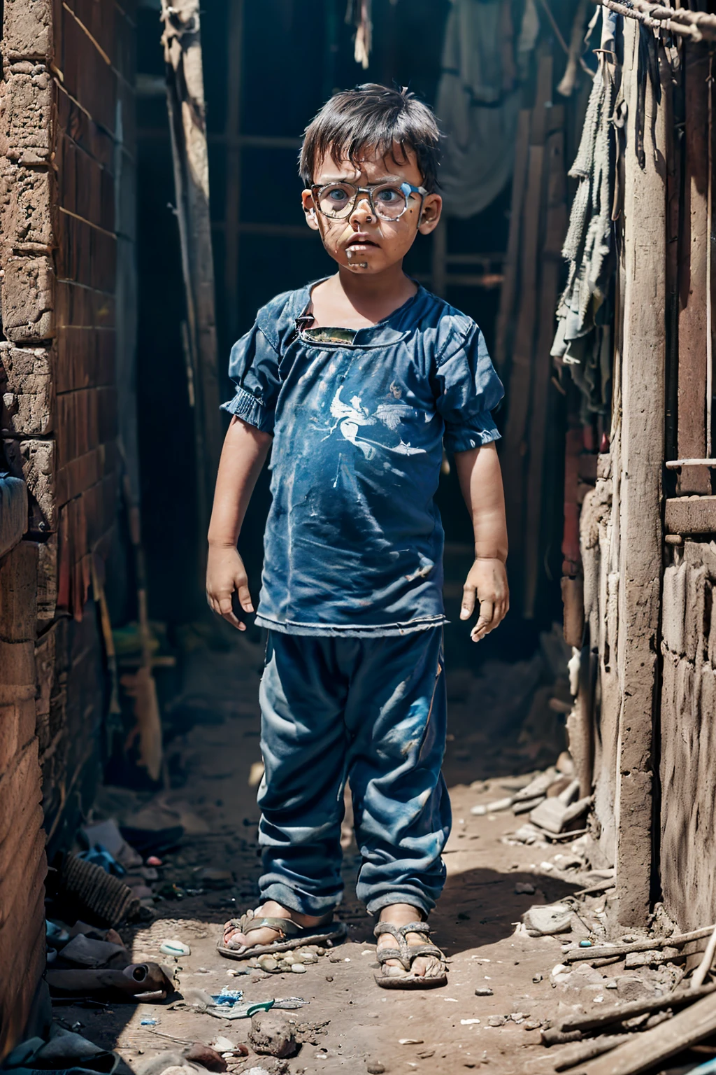 guttojugg1, 3 year old boy wearing glasses ratty brown peasant clothes, dirty looking but with the brightest blue eyes, in slums, scared