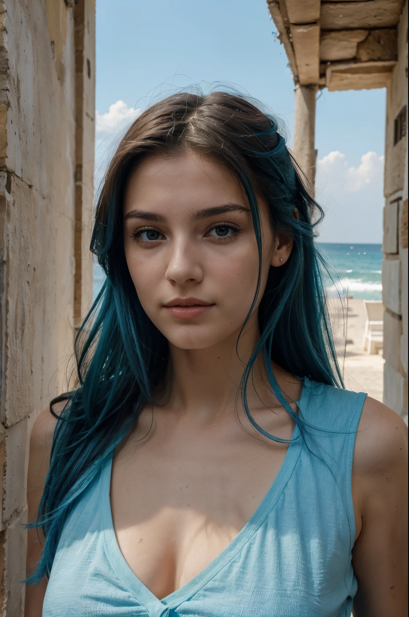 Bella ragazza magra occhi azzurri capelli lunghi castani al mare