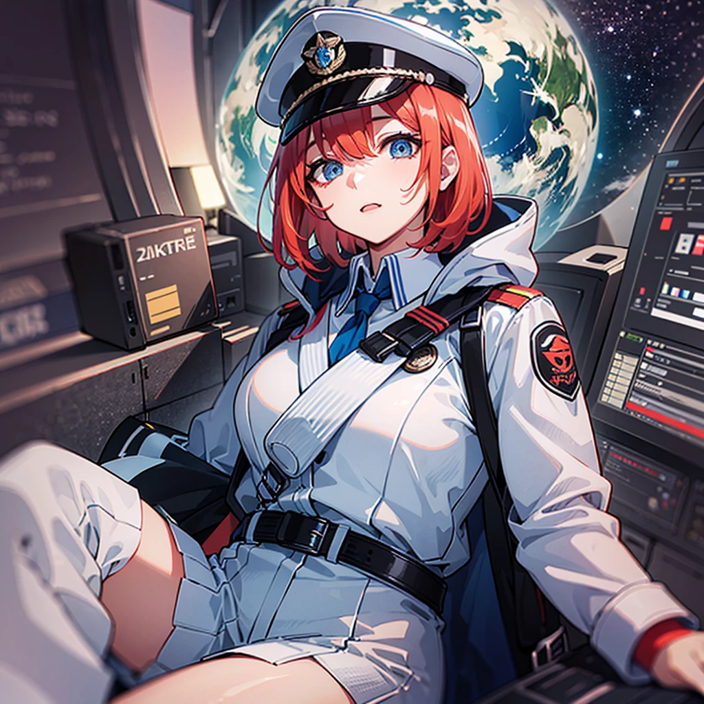 （（（​masterpiece、Top image quality、top-quality、highly detailed unity 8ｋwall-paper）））、（Illustration of one woman）、30-years old、（Viceroy）、（（Red-haired shorthair））、（Thin hair hanging down both sides of the face）、Blue eyes、（（Tall））、（（Muscle Woman、stocky build、muscular legs、broad shoulders、solid chest））、（（Military uniforms））、（（Military Cap））、（（Military coat））、（white  clothes）、（White pants）、（White cap）、trench coat、（（（Inside a futuristic spaceship、Sitting in the captain's seat、The Universe on the Monitor、Earth seen from space）））