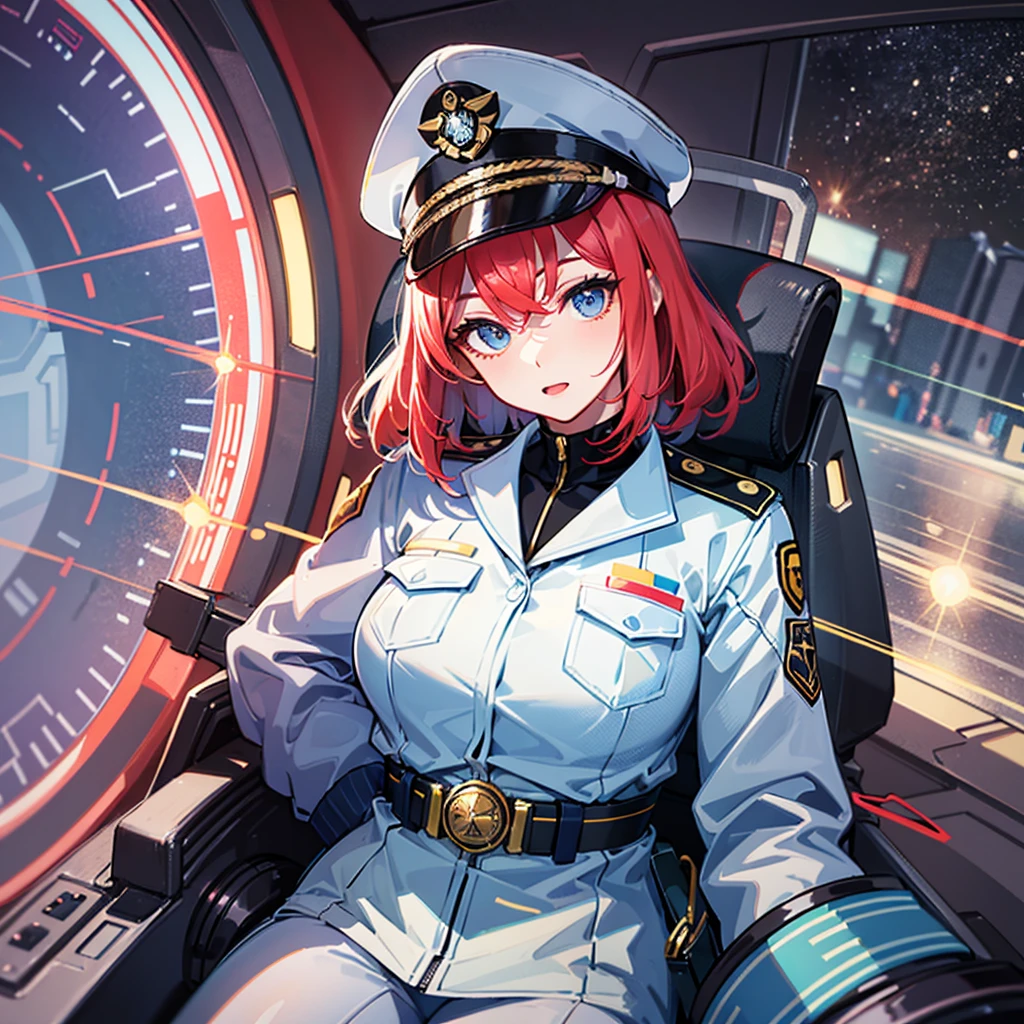 （（（​masterpiece、Top image quality、top-quality、highly detailed unity 8ｋwall-paper）））、（Illustration of one woman）、30-years old、（Viceroy）、（（Red-haired shorthair））、（Thin hair hanging down both sides of the face）、Blue eyes、（（Tall））、（（Muscle Woman、stocky build、muscular legs、broad shoulders、solid chest））、（（Military uniforms））、（（Military Cap））、（（Military coat））、（white  clothes）、（White pants）、（White cap）、trench coat、（（（Inside a futuristic spaceship、Sitting in the captain's seat、The Universe on the Monitor、Earth seen from space）））
