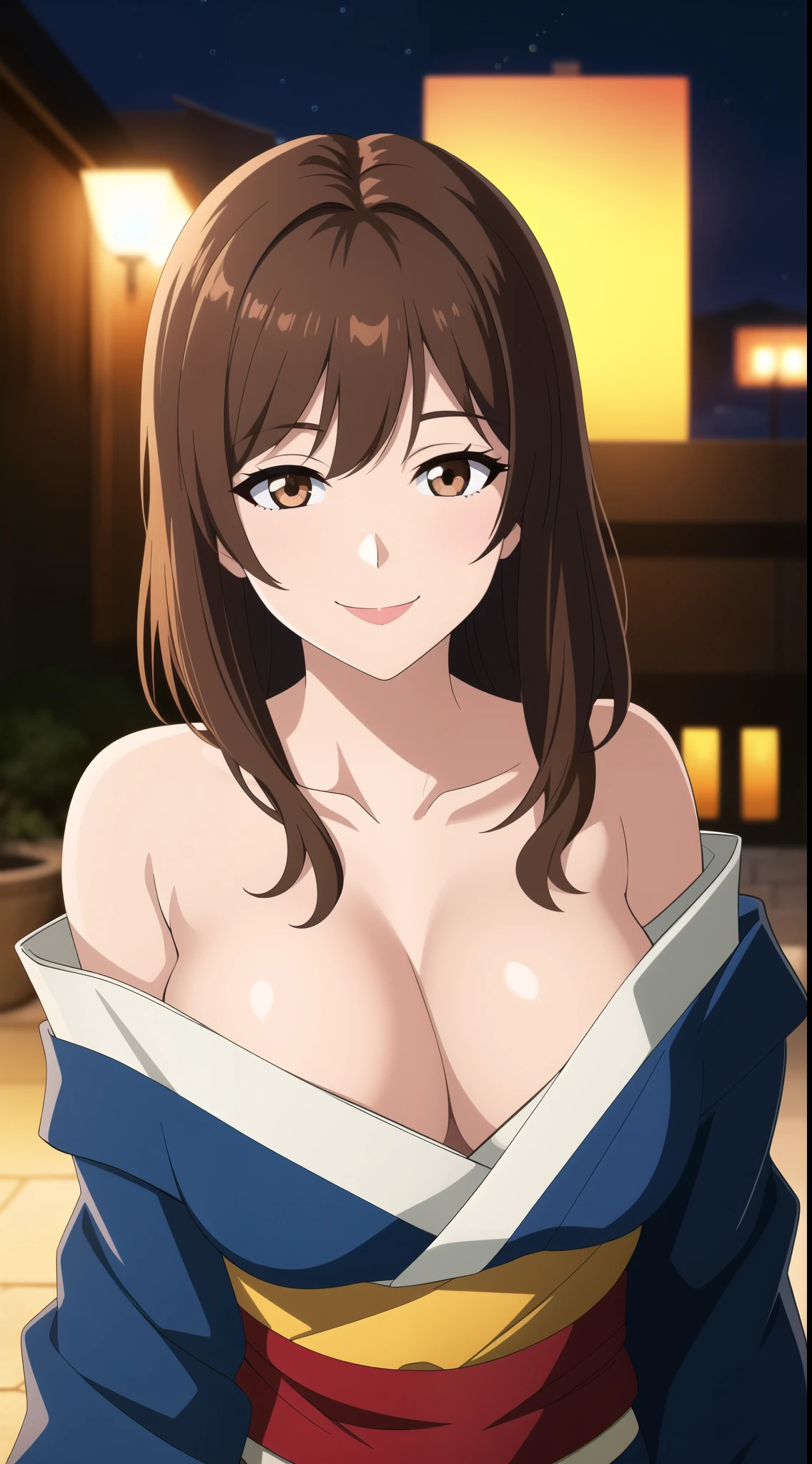 (best quality:1.5, highres, UHD, 4K, detailed lighting, shaders, perfect hand anatomy), brown hair, large breasts, off shoulder kimono, cleavage, shoulders, smiling, close shot, pov, night background