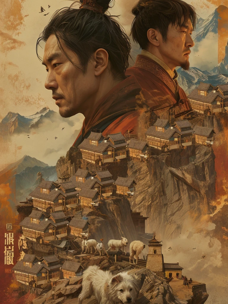 there are two asian men with a dog and a mountain, artwork in the style of z.w. gu, cinematic silk road lanscape, poster illustration, 4k post, 4 k post, inspired by Zhang Zongcang, inspired by Bayard Wu, incredible ruan jia movie poster, high res 8k, inspired by Zhang Wo