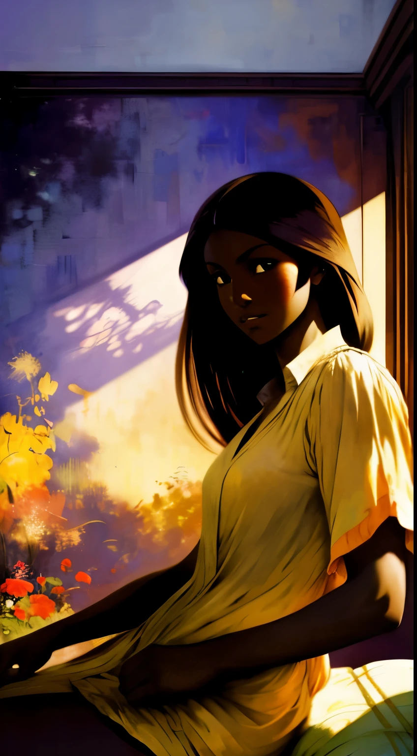 ((Centered,Solo Beautiful Sudanese woman with dark skin, striking eyes1:1)), casual shirt, mid shot, low angle, sitting against a colorful shadowed painted bedroom wall, art by akihiko yoshida, manga art style, colorfield illustration, mysterious atmosphere, global illumination, by frank frazetta, by goro fujita, blur, anime key visual, (blue, yellow and peach colors), photorealistic, dramatic, long black hair, intricately detailed, chiaroscuro, pino daeni, impressionist