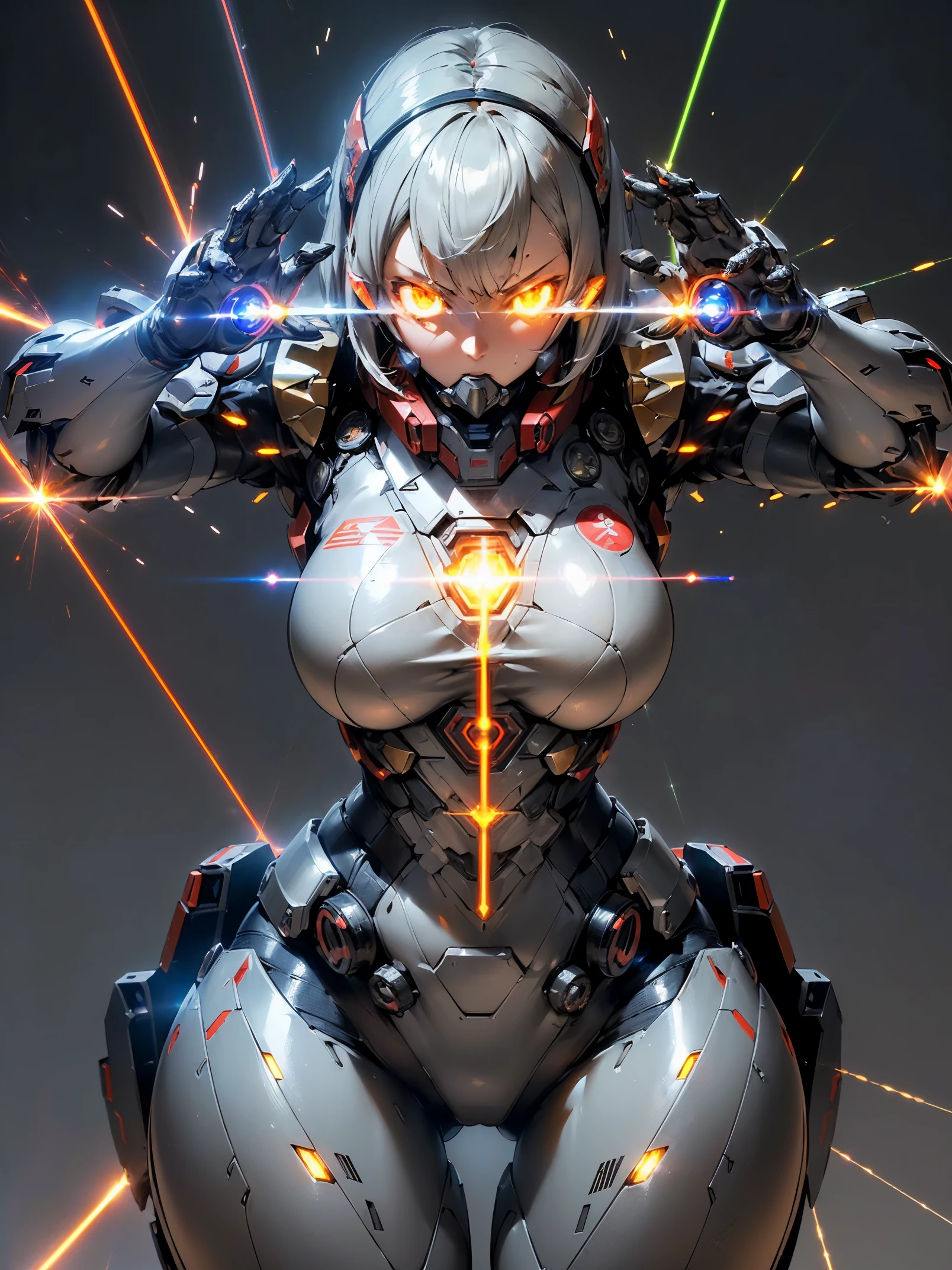 A woman wearing Ultraman Robo Armor,(((A laser beam is emitted from the special move pose.:1.5))),(tactical full face mask),(Silvery body:1.1),(sensually:1.4),(large full breasts:1.3),(long legged:1.1),(A detailed eye:1.3),(A detailed face:1.3),(Detailed weapons:1.3),(Detailed body:1.3),(full bodyesbian:1.5),(The background is the hero's special move effect:1.5),逼真,(((masutepiece,Extremely detailed, Heavy mechs, hard surface)))