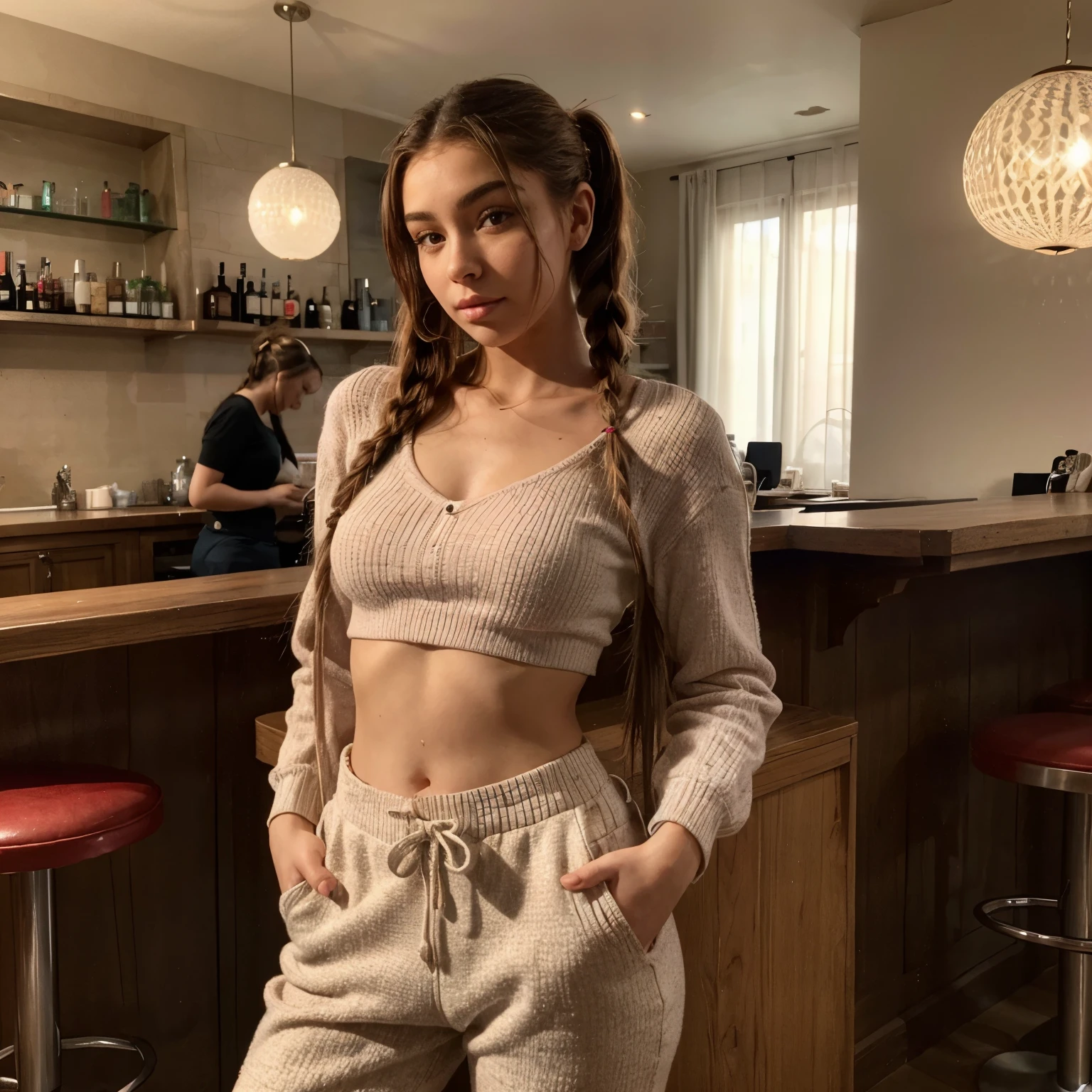 une femme aux cheveux bruns dans un bar restaurant moderne ,:: ,:: madison beer, streaming, pigtail, photoréaliste - h 6 4 0, 🎀 🧟 🍓 🧚, tu vois, live2d, ressemble à laura barriales, —ar 16:9, Sam Nassour, 5 0 s, incroyablement mignon,plan de la tête au pied , sourcils droits, elle porte un pantalon rouge et pull vermeil