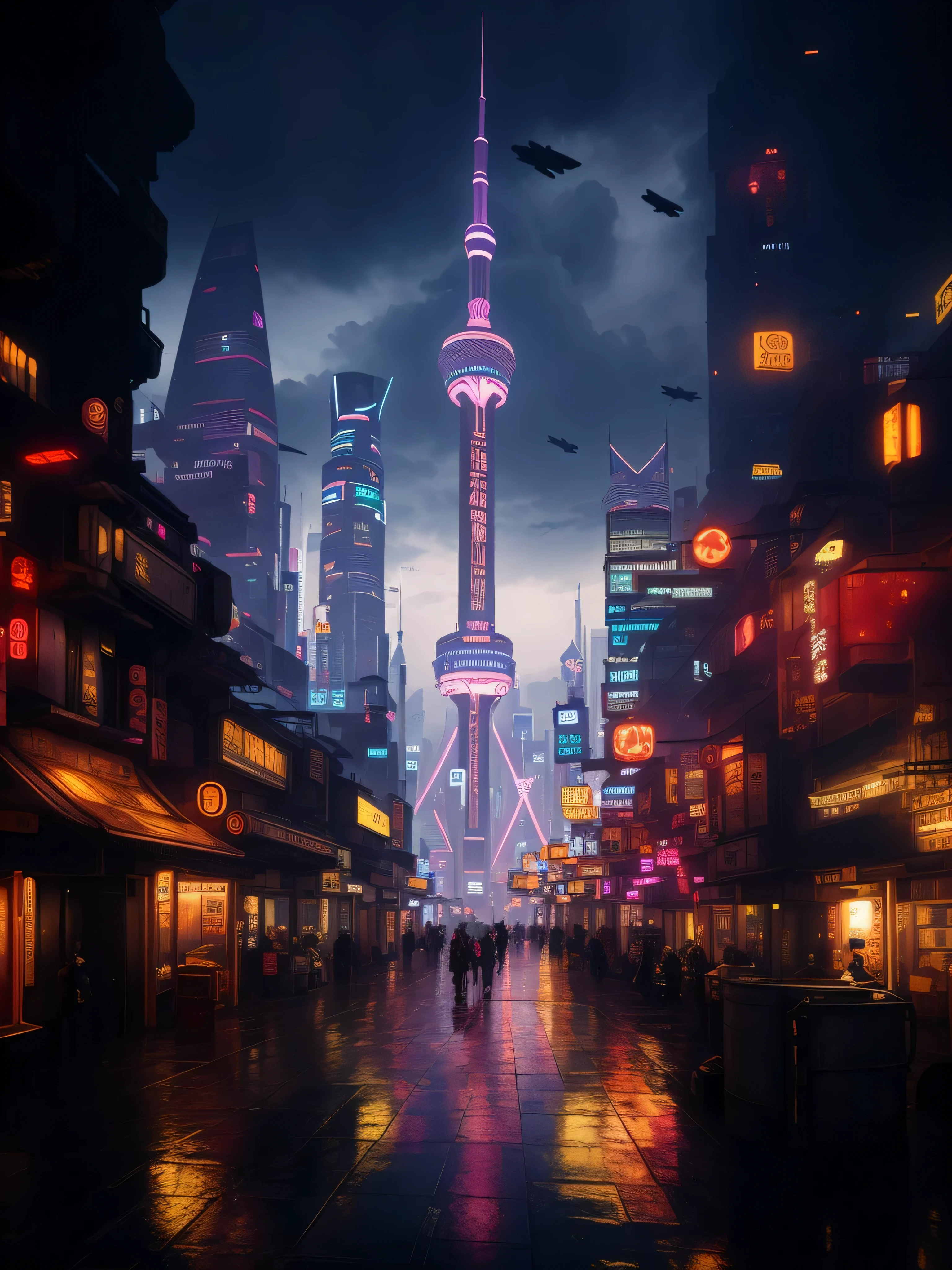 Overlooking the city streets,There is a tall tower in the distance, stylized fantasy artwork, chinatown blade runner, Future city streets, In the cyberpunk city, Beautiful cyberpunk city, in fantasy sci - fi city, Rainy cyberpunk city, In a futuristic cyberpunk city, Cyberpunk city setting, at a cyberpunk city, futuristic street, at a cyberpunk city