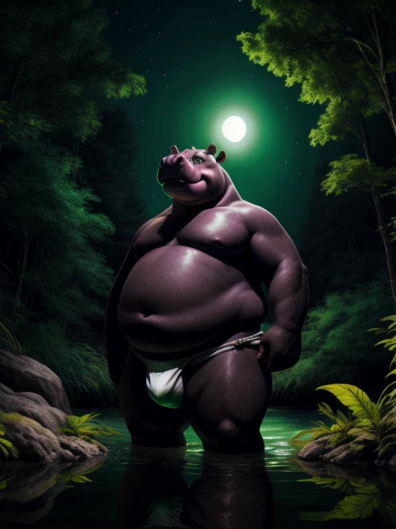 (Obese, Overweight, male, anthro, hippo), nude, fundoshi, big bulge, neon green eyes, by shiuk,Dark night, glowing plants illuminate the forest by a serene lake, reflections dancing on the water surface, moonlight filtering through the canopy, bioluminescence, mysterious ambiance, long exposure photography, ultra fine details