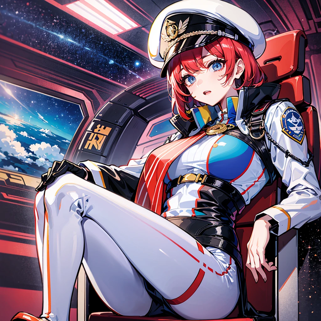 （（（​masterpiece、Top image quality、top-quality、highly detailed unity 8ｋwall-paper）））、（Illustration of one woman）、30-years old、（Viceroy）、（（Red-haired shorthair））、（Thin hair hanging down both sides of the face）、Blue eyes、（（Tall））、（（Muscle Woman、stocky build、muscular legs、broad shoulders、solid chest））、（（Military uniforms））、（（Military Cap））、（（Military coat））、（white  clothes）、（White pants）、（White cap）、trench coat、（（（Inside a futuristic spaceship、Sitting in the captain's seat、The Universe on the Monitor、Earth seen from space）））