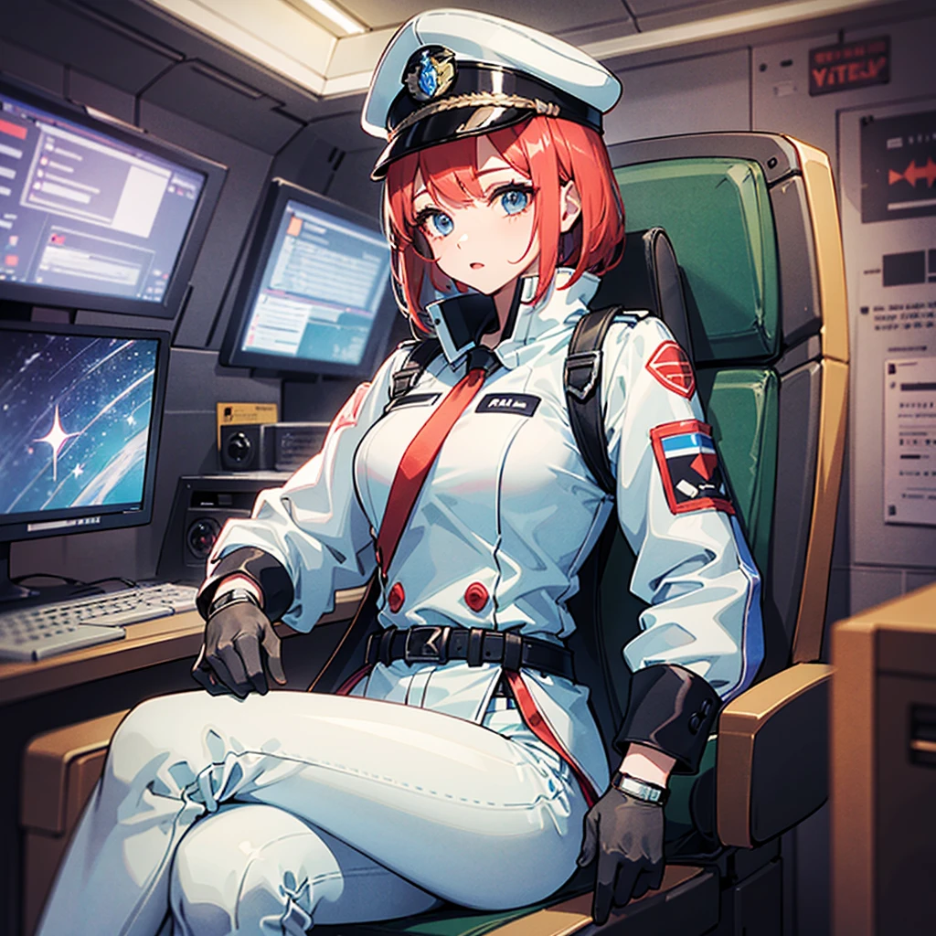 （（（​masterpiece、Top image quality、top-quality、highly detailed unity 8ｋwall-paper）））、（Illustration of one woman）、30-years old、（Viceroy）、（（Red-haired shorthair））、（Thin hair hanging down both sides of the face）、Blue eyes、（（Tall））、（（Muscle Woman、stocky build、muscular legs、broad shoulders、solid chest））、（（Military uniforms））、（（Military Cap））、（（Military coat））、（white  clothes）、（White pants）、（White cap）、trench coat、（（（Inside a futuristic spaceship、Sitting in the captain's seat、The Universe on the Monitor、Earth seen from space）））